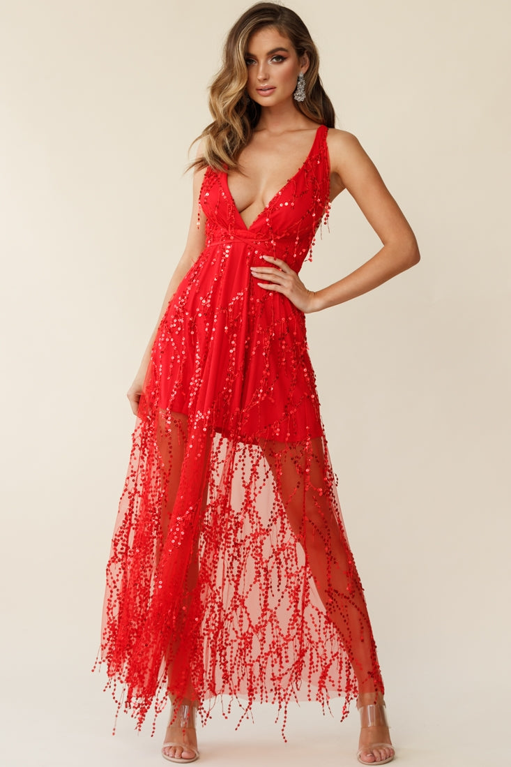 Tiara Sequin Maxi Dress Red-Maymioy