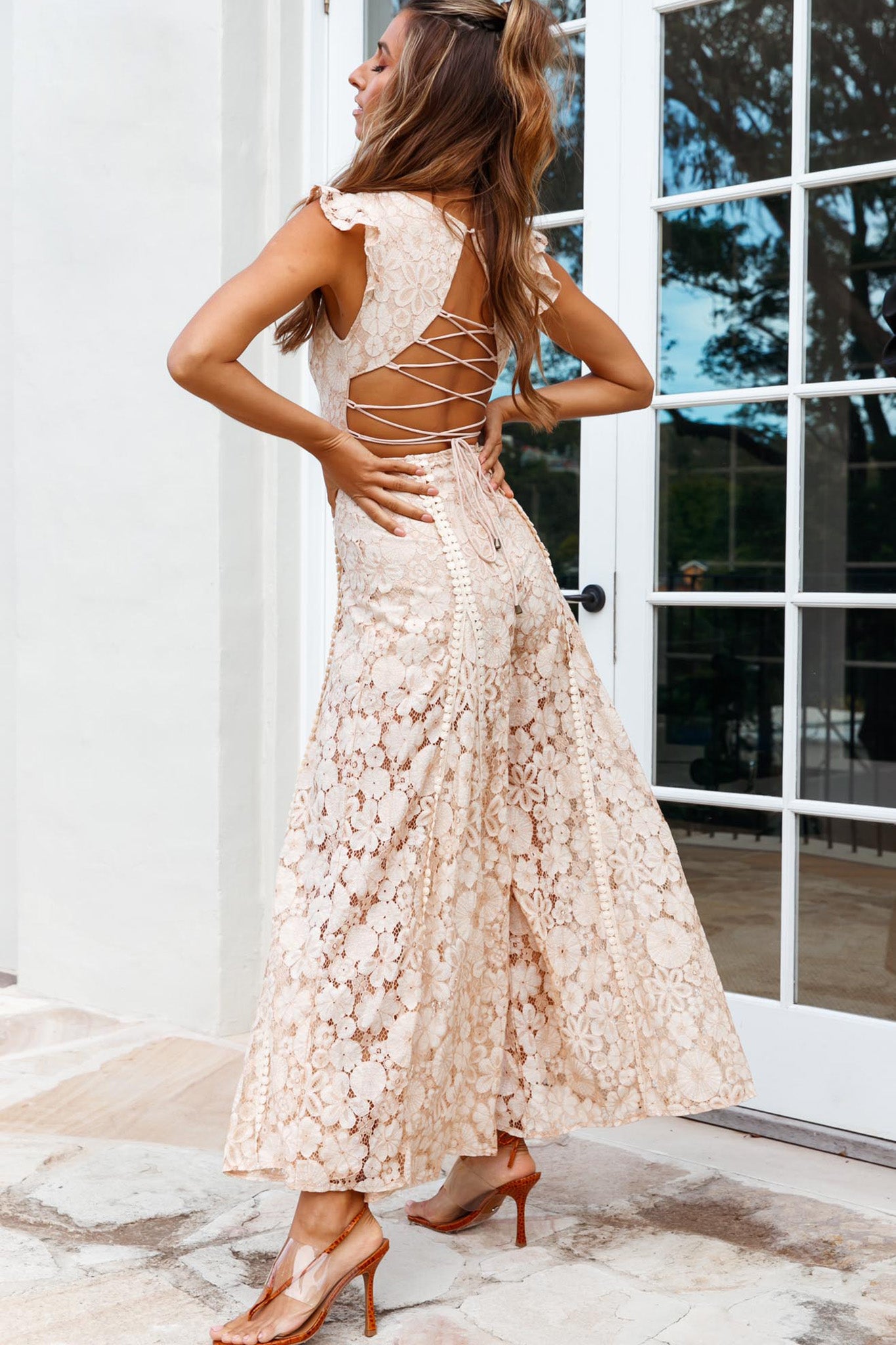 Take Note Laced-Back Frill Shoulder Lace Jumpsuit Nude-Maymioy