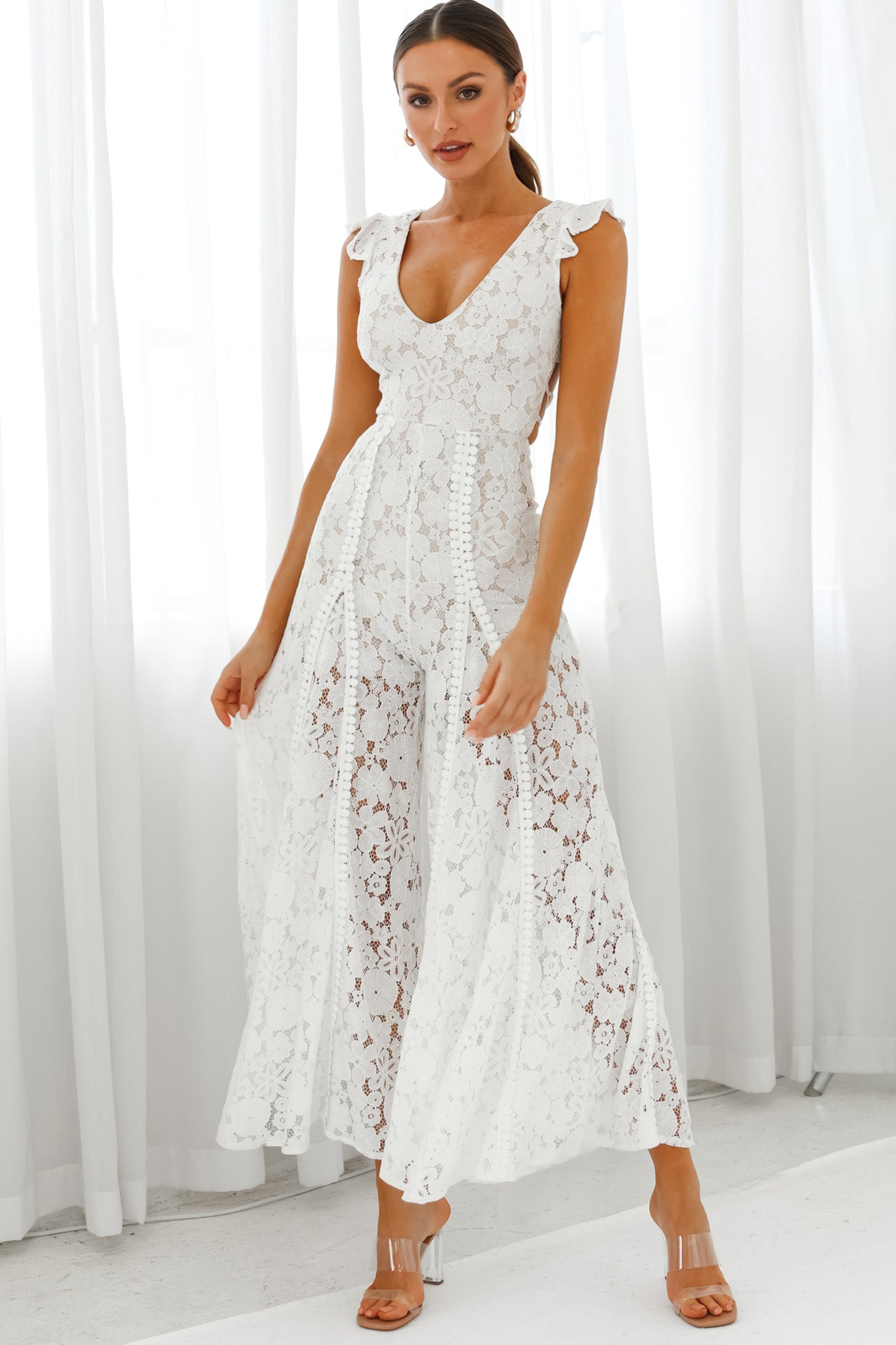 Take Note Laced-Back Frill Shoulder Lace Jumpsuit White-Maymioy