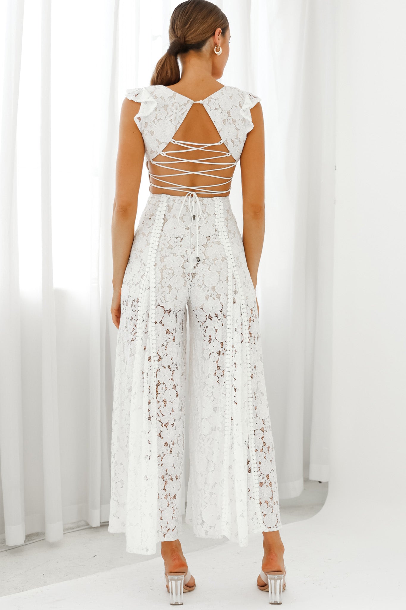 Take Note Laced-Back Frill Shoulder Lace Jumpsuit White-Maymioy