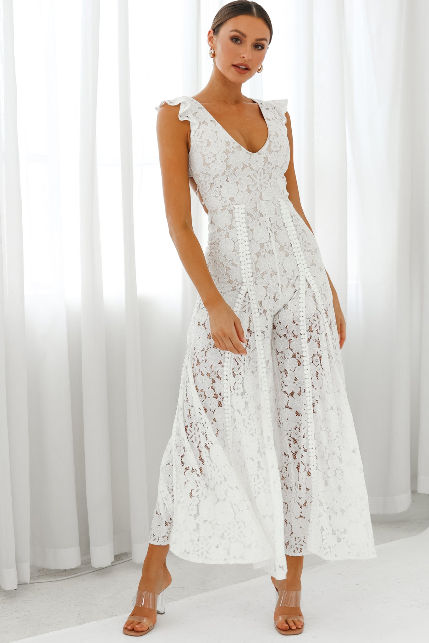 Take Note Laced-Back Frill Shoulder Lace Jumpsuit White-Maymioy