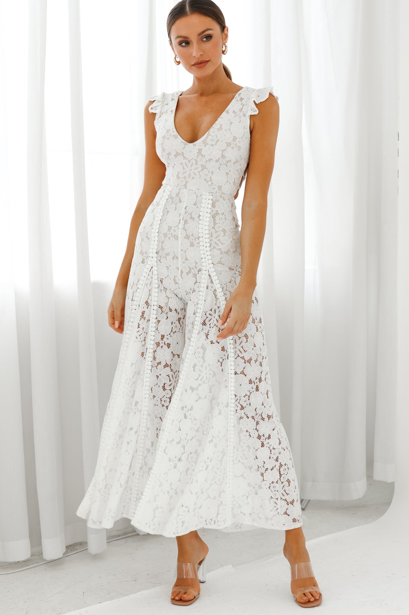 Take Note Laced-Back Frill Shoulder Lace Jumpsuit White-Maymioy