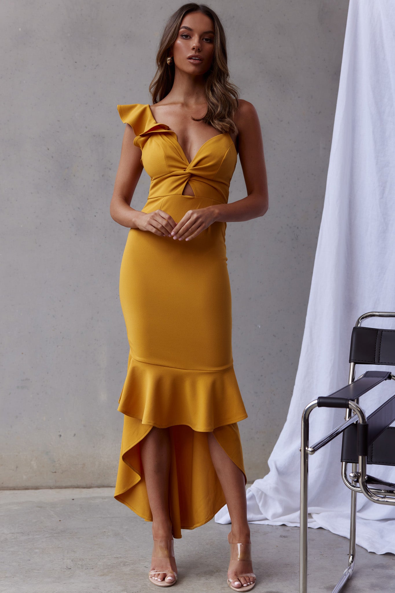 Pearl Ruffle Strap Twist Bust Dress Mustard-Maymioy
