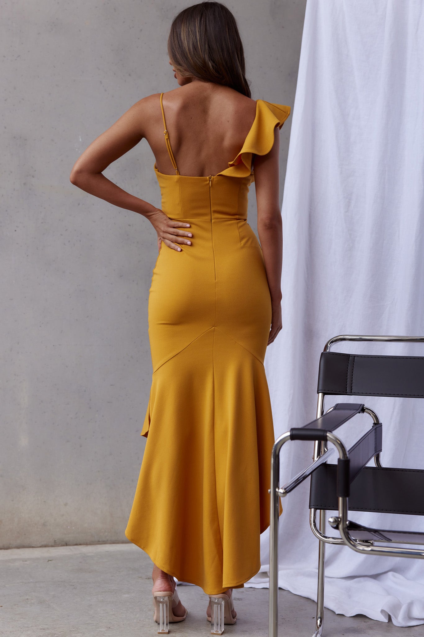 Pearl Ruffle Strap Twist Bust Dress Mustard-Maymioy