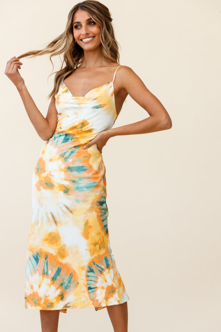 Show Me Love Cowl Neck Midi Dress Tie-Dye Orange Multi-Maymioy