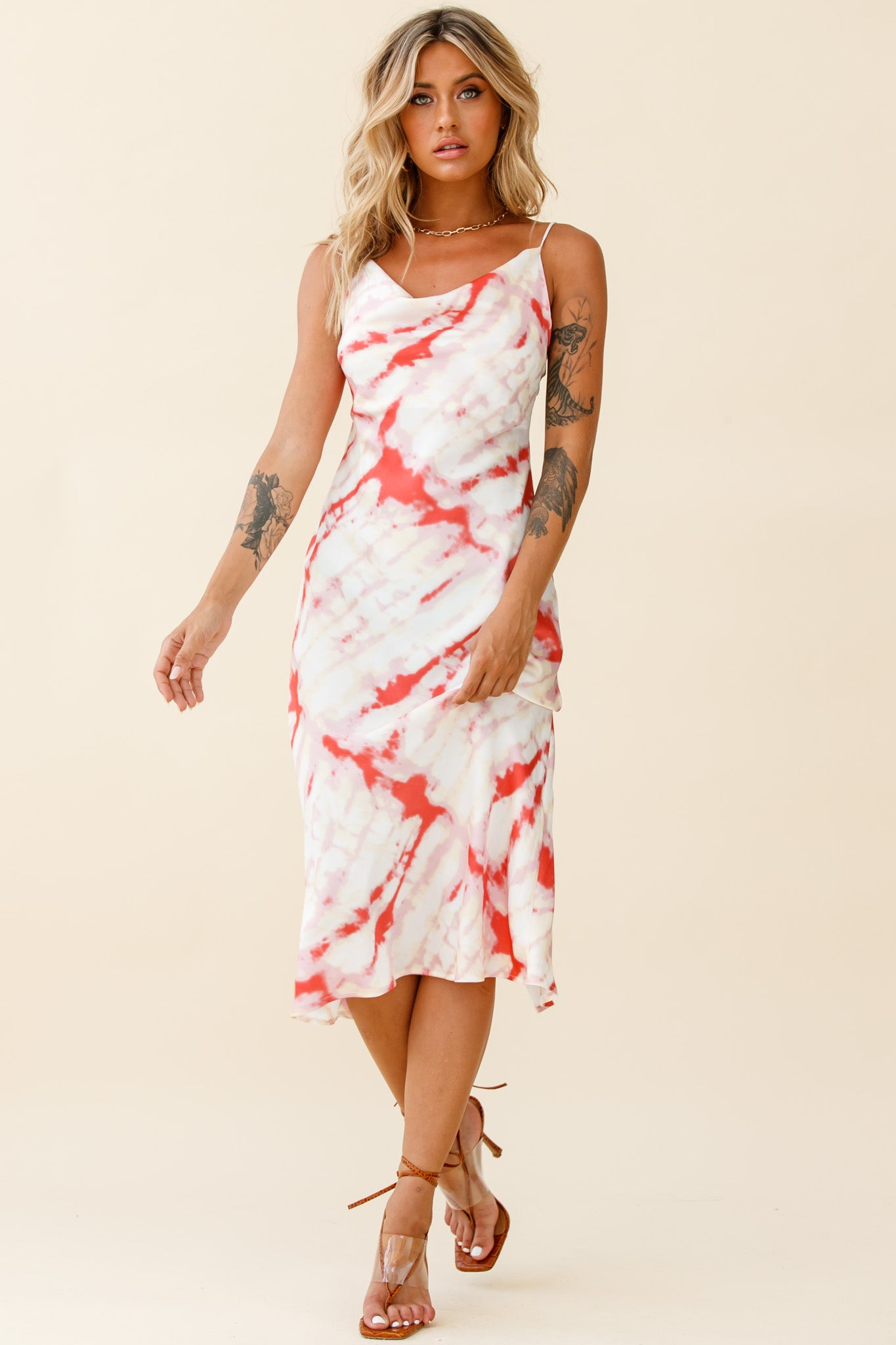Show Me Love Cowl Neck Midi Dress Tie-Dye Red-Maymioy