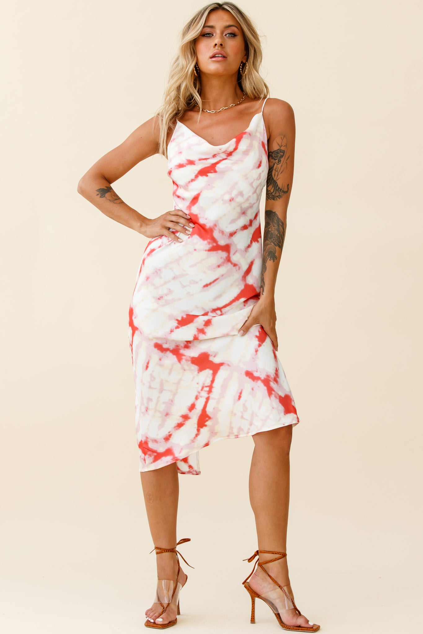 Show Me Love Cowl Neck Midi Dress Tie-Dye Red-Maymioy