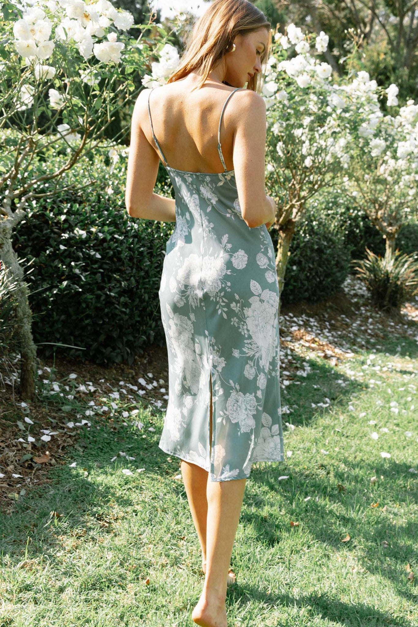 Show Me Love Cowl Neck Midi Dress Flower Print Sage-Maymioy