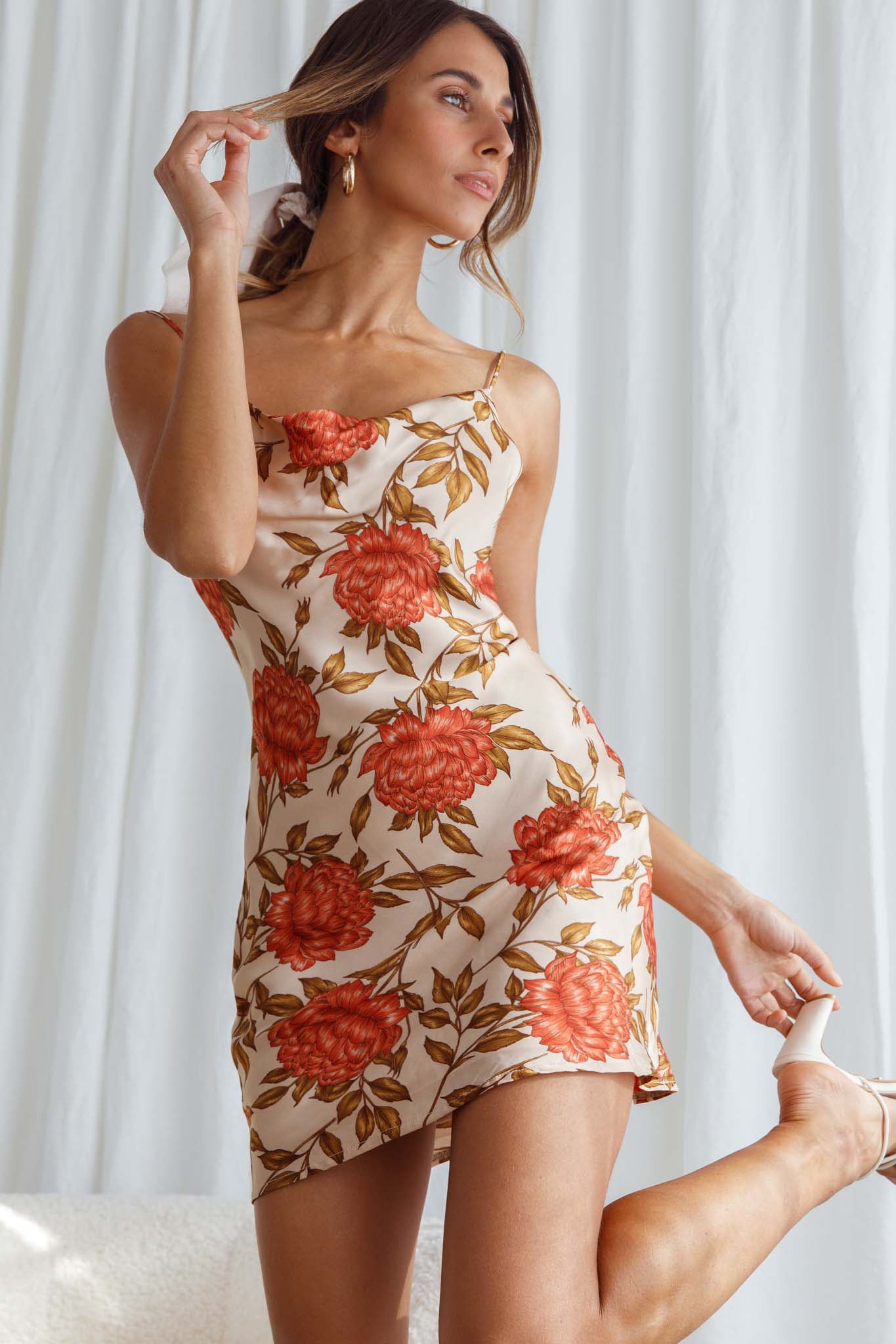 Show Me Love Cowl Neck Mini Dress Red Flower Print Beige-Maymioy