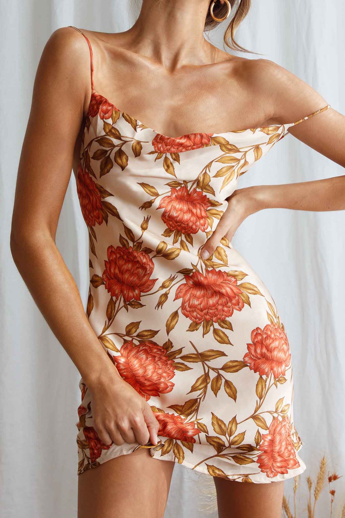 Show Me Love Cowl Neck Mini Dress Red Flower Print Beige-Maymioy