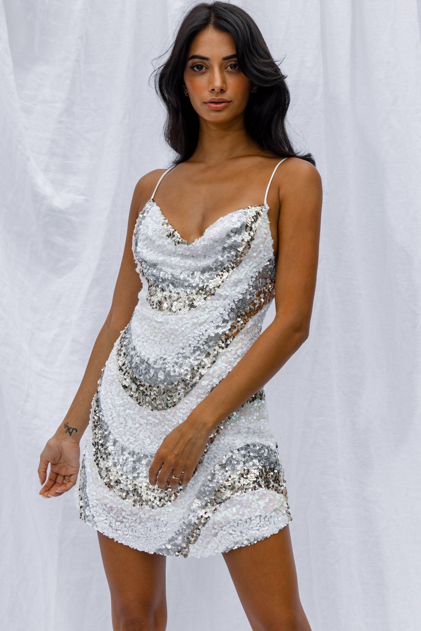 Show Me Love Cowl Neck Mini Dress Sequin Swirl White-Maymioy