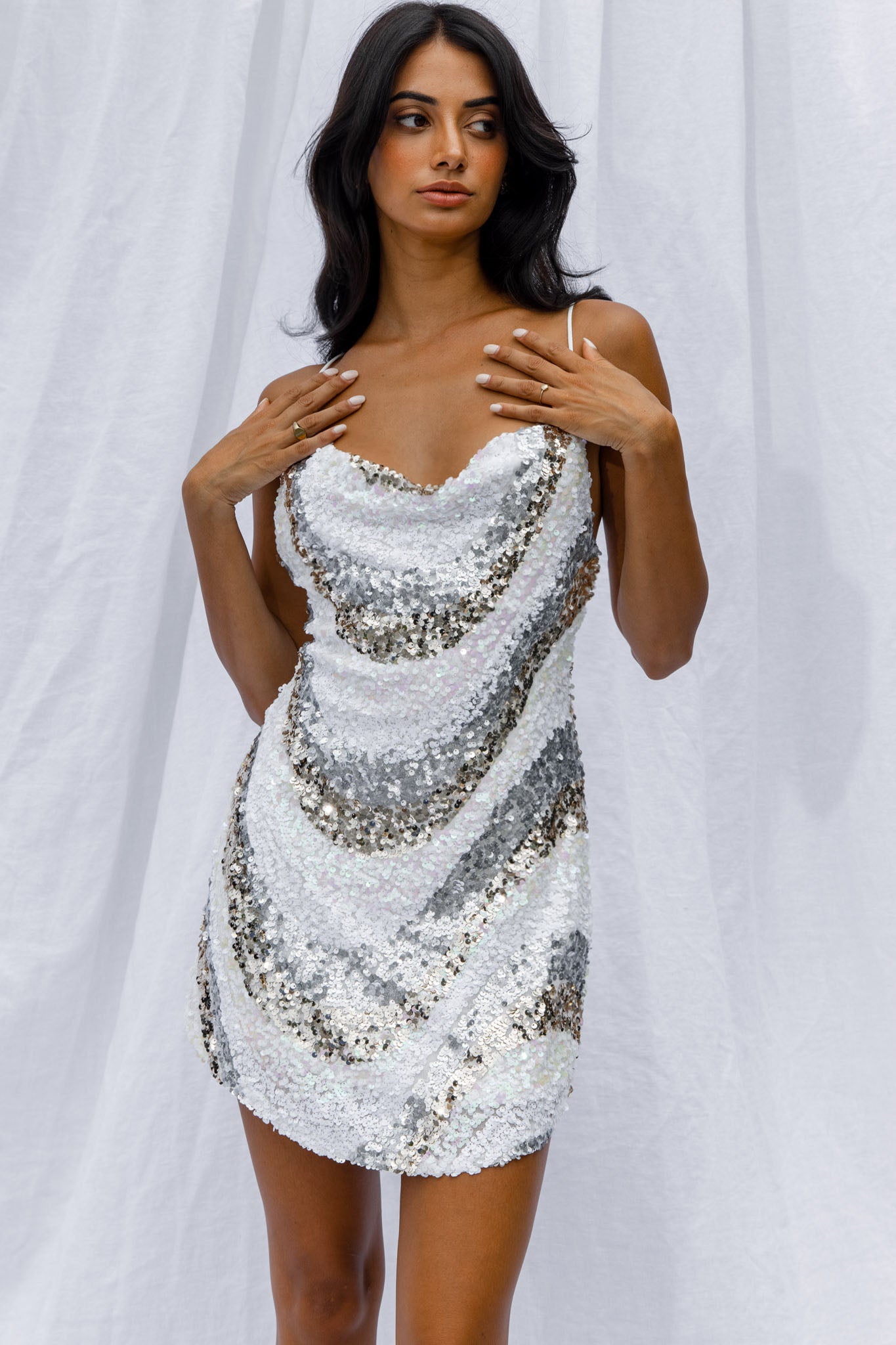 Show Me Love Cowl Neck Mini Dress Sequin Swirl White-Maymioy