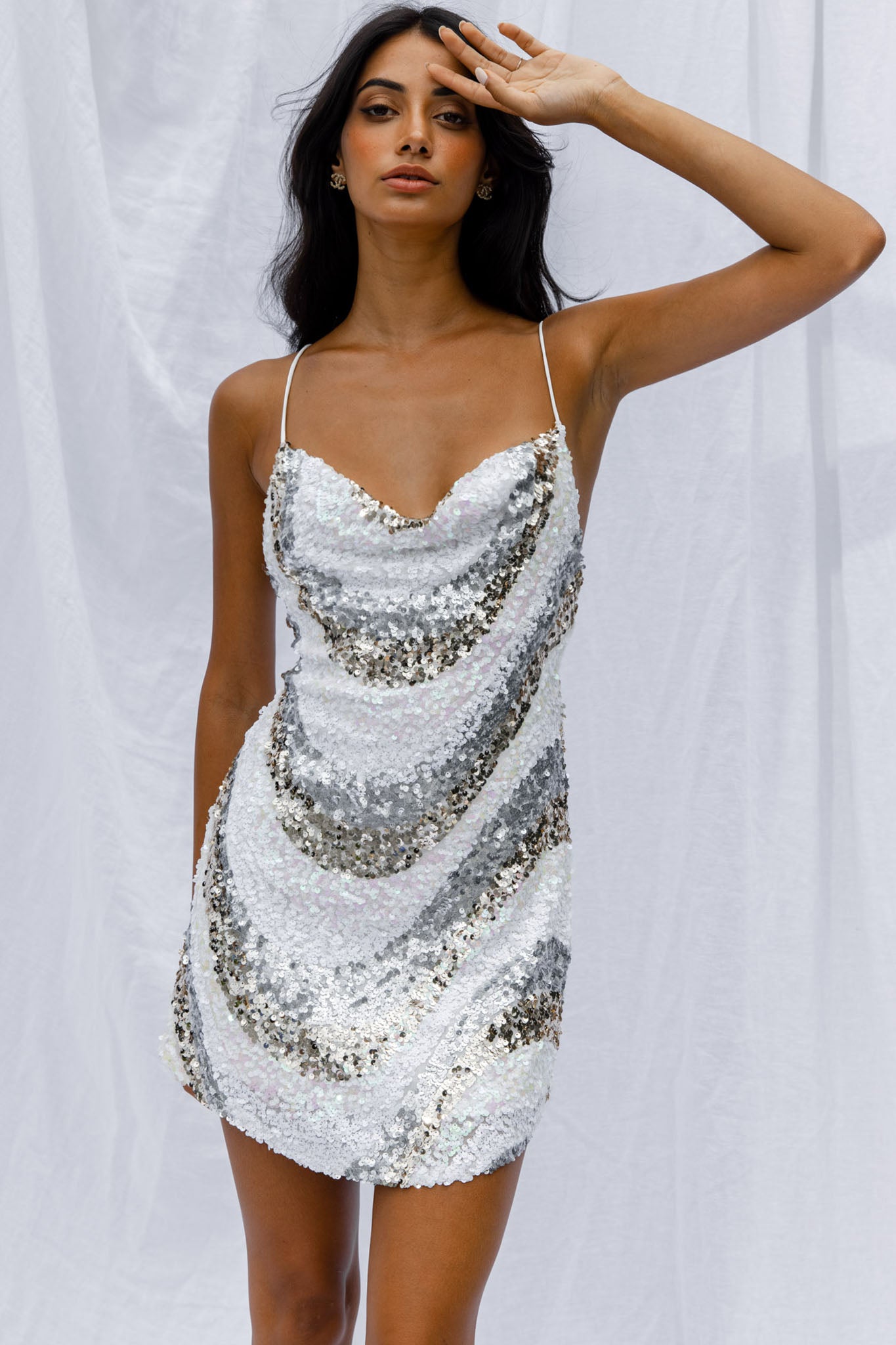 Show Me Love Cowl Neck Mini Dress Sequin Swirl White-Maymioy