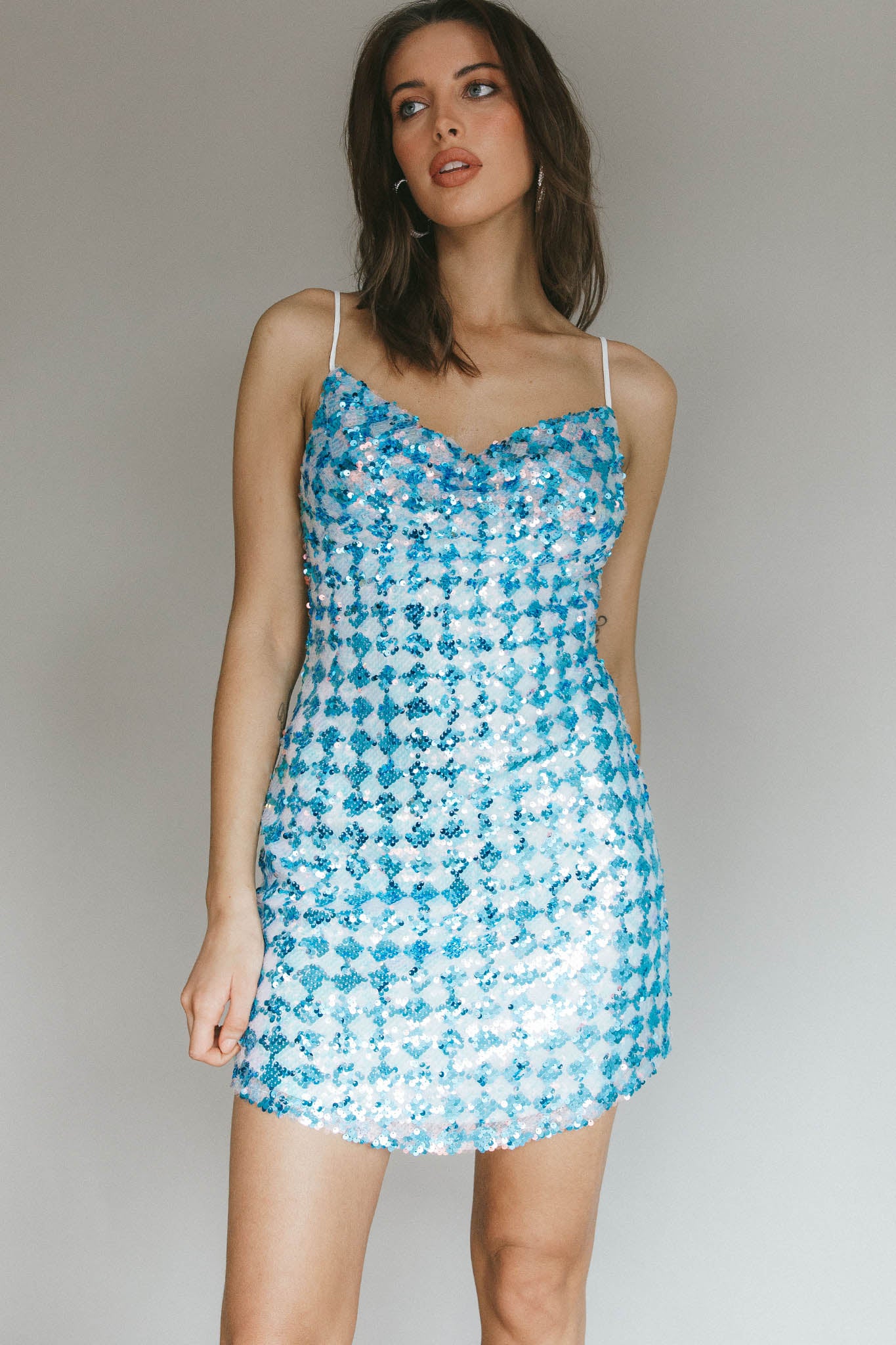 Show Me Love Cowl Neck Mini Dress Sequin Check Blue-Maymioy