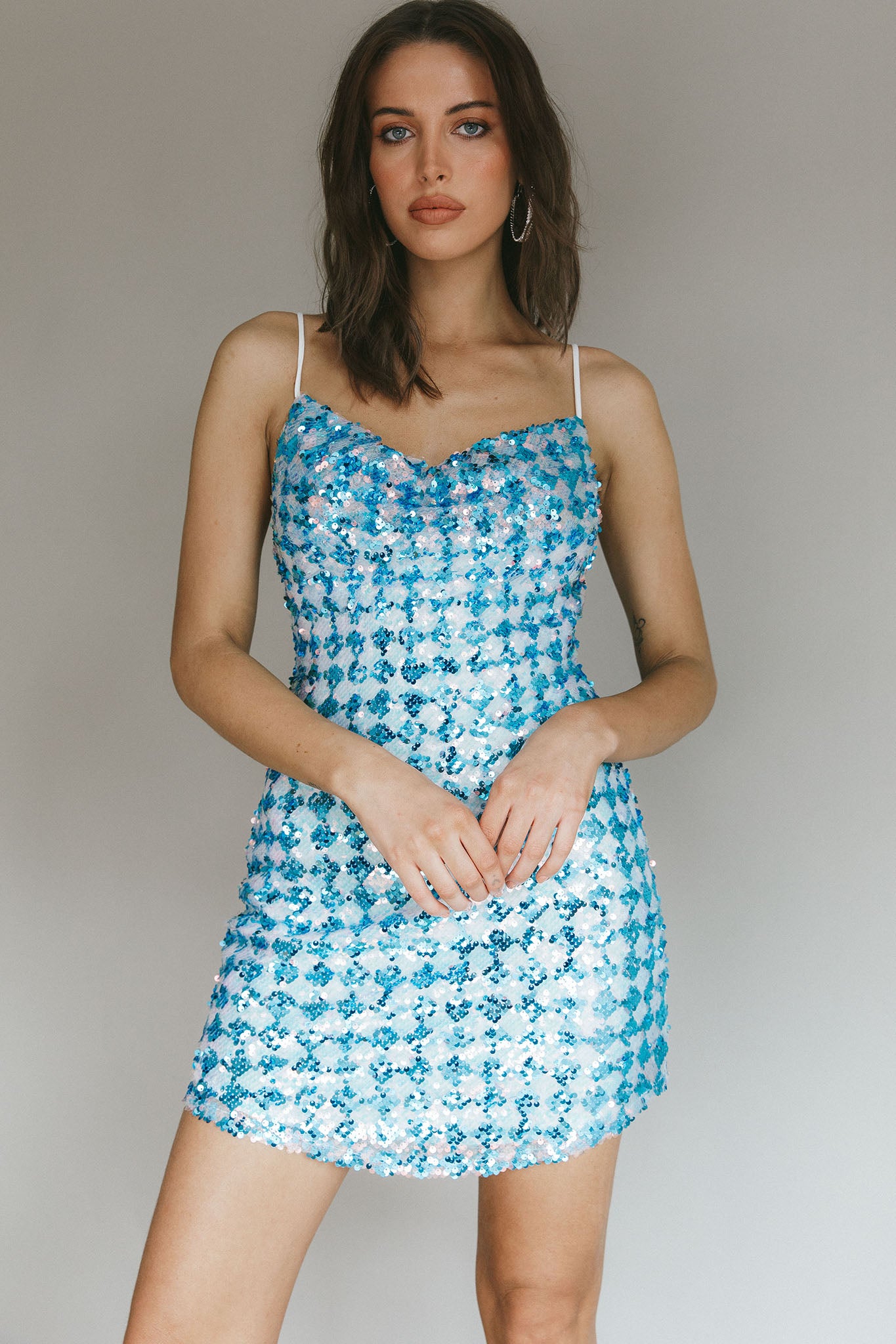 Show Me Love Cowl Neck Mini Dress Sequin Check Blue-Maymioy