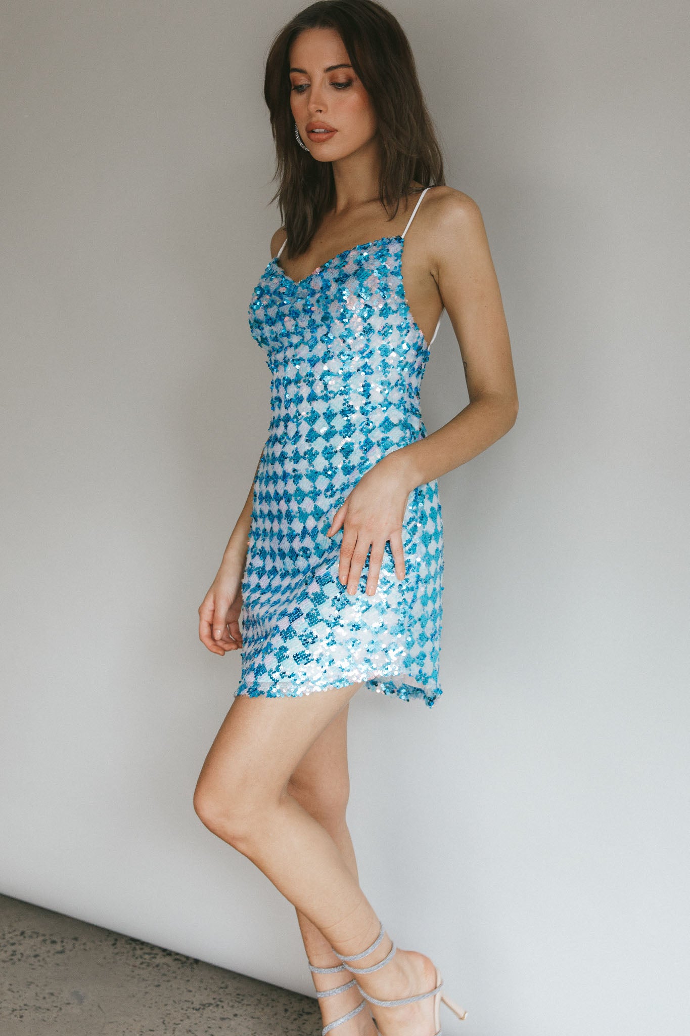 Show Me Love Cowl Neck Mini Dress Sequin Check Blue-Maymioy