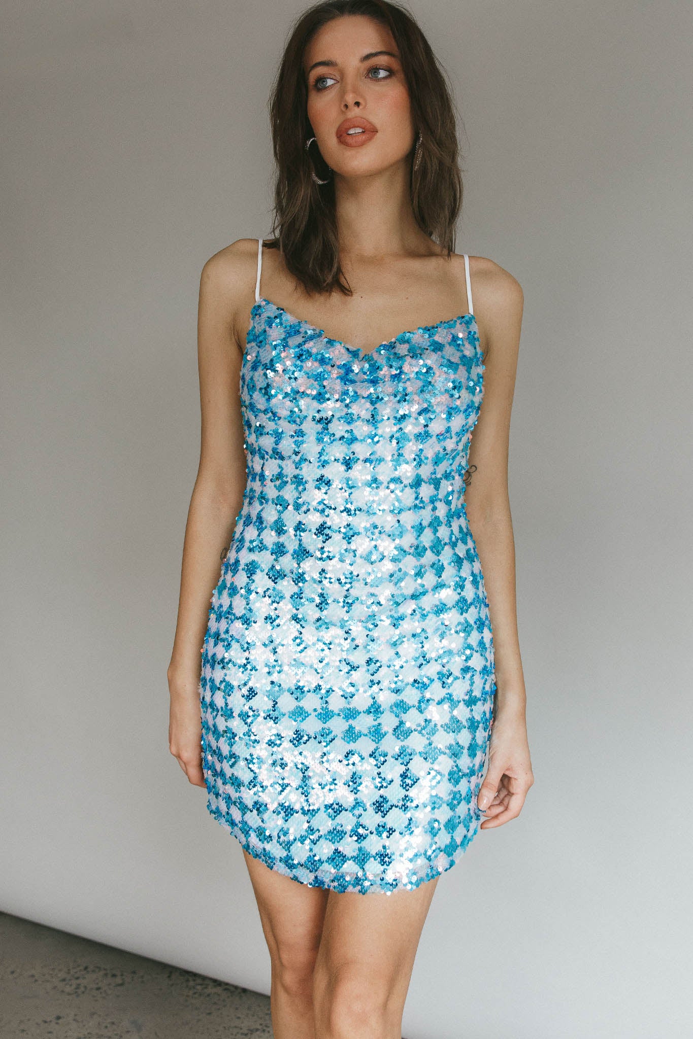 Show Me Love Cowl Neck Mini Dress Sequin Check Blue-Maymioy