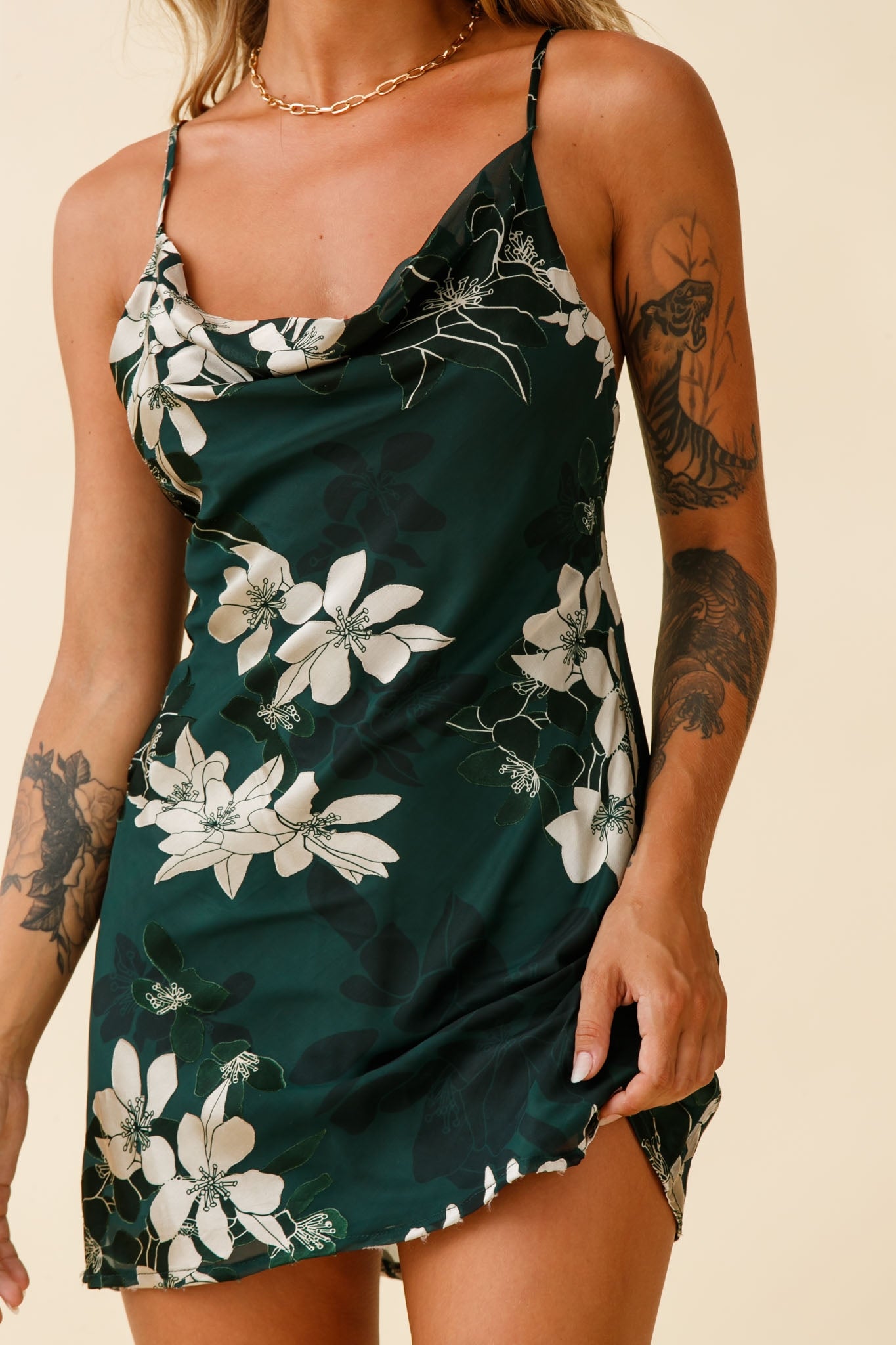 Show Me Love Cowl Neck Mini Dress Flower Print Green-Maymioy