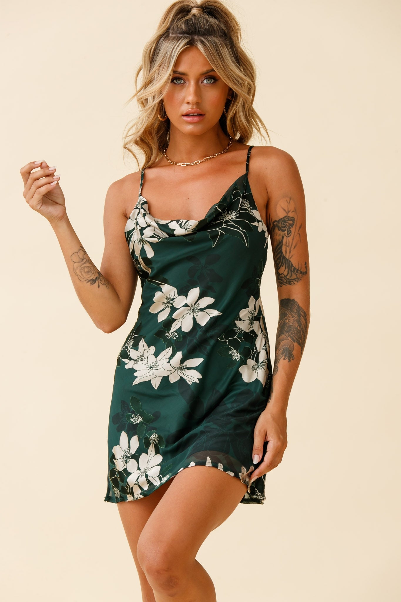 Show Me Love Cowl Neck Mini Dress Flower Print Green-Maymioy