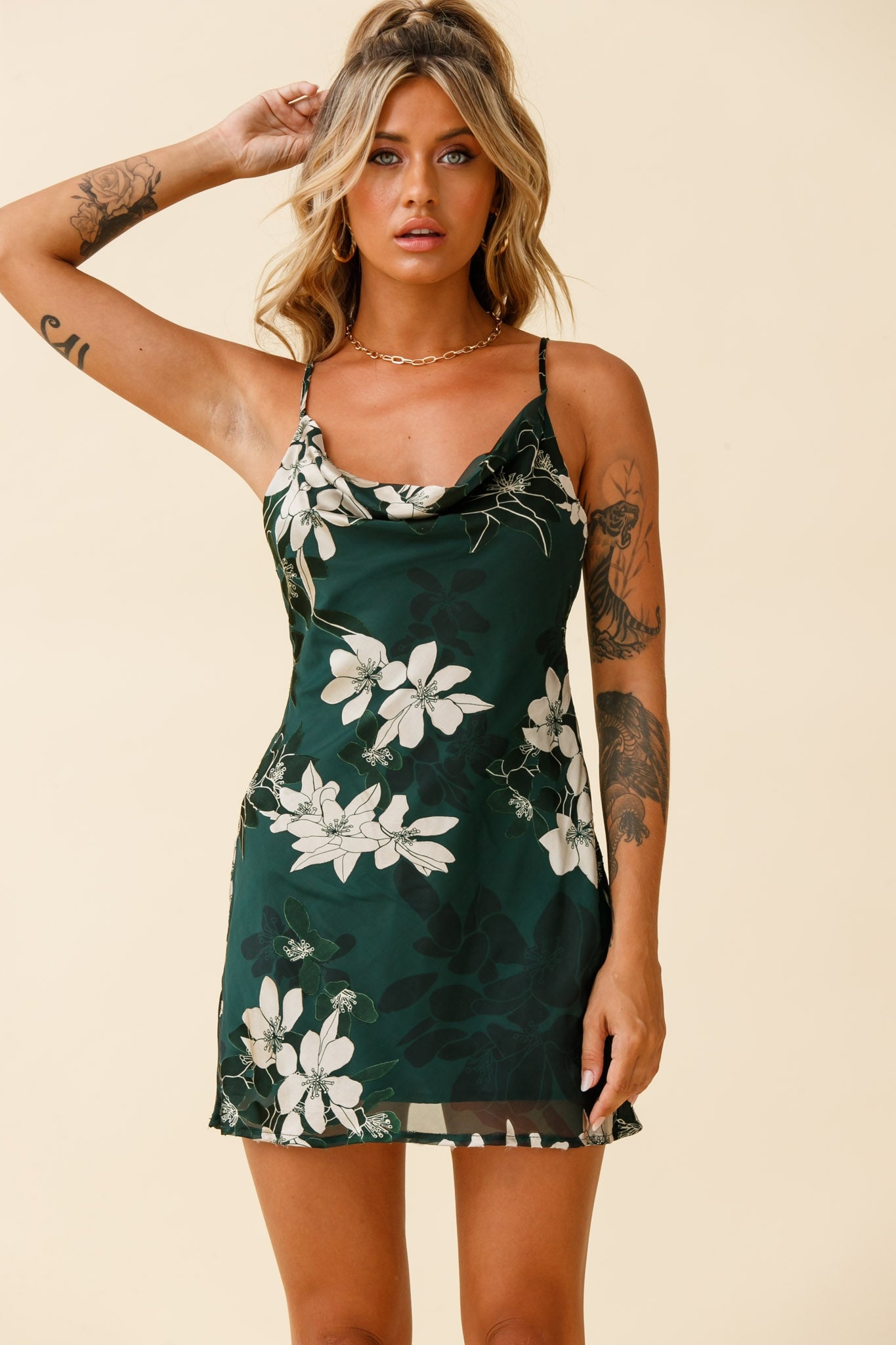 Show Me Love Cowl Neck Mini Dress Flower Print Green-Maymioy