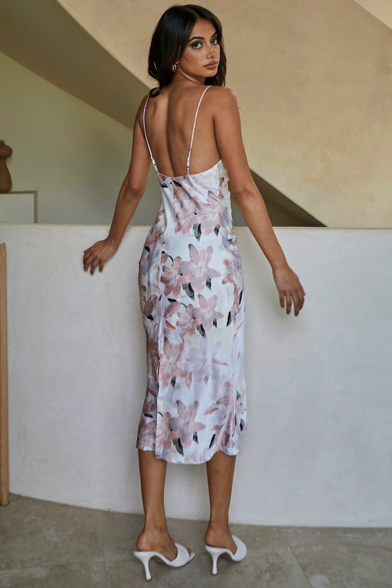 Show Me Love Cowl Neck Midi Dress Lily Print Blush-Maymioy