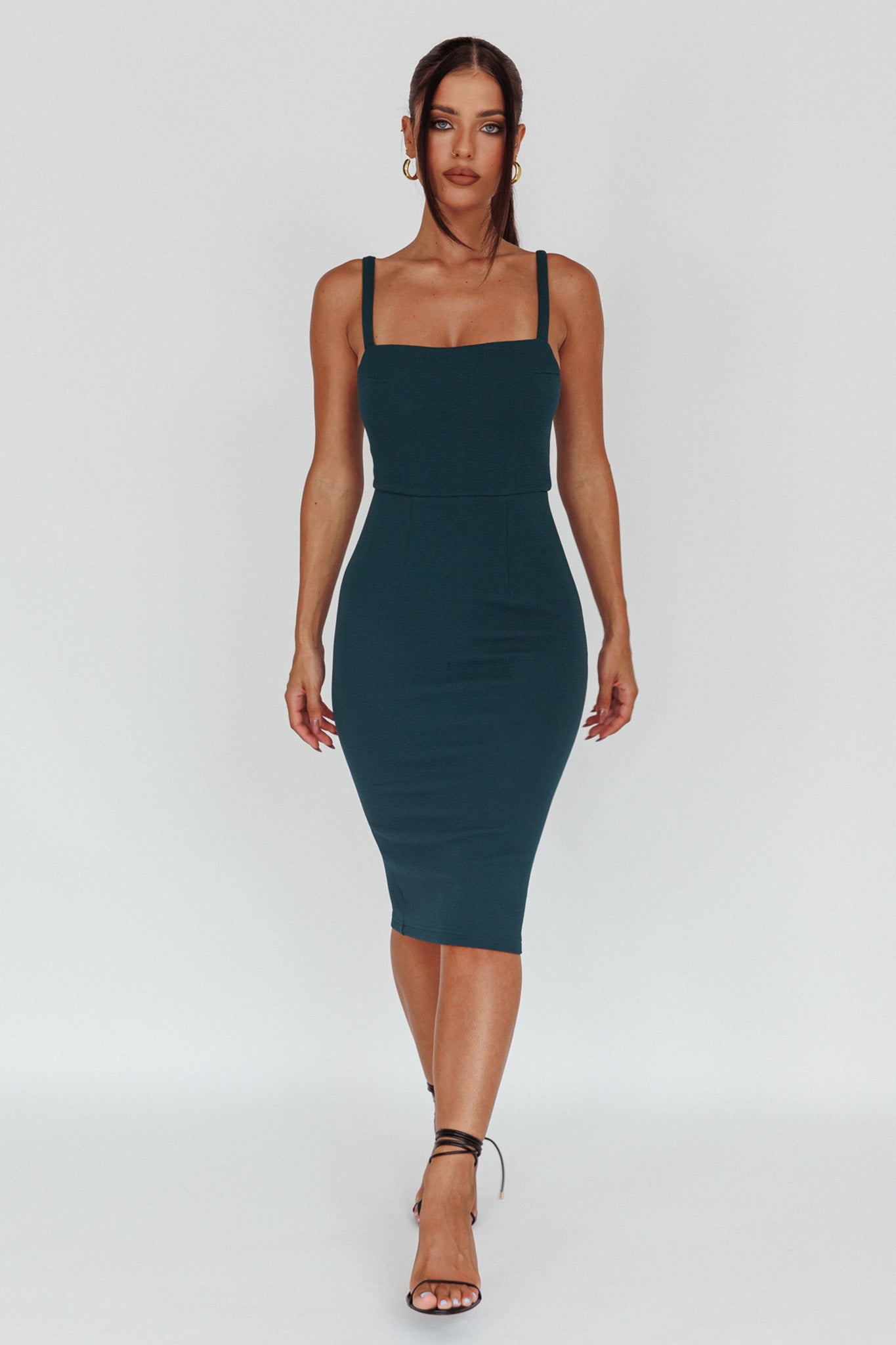 Georgia Square Neckline Midi Dress Forest Green-Maymioy