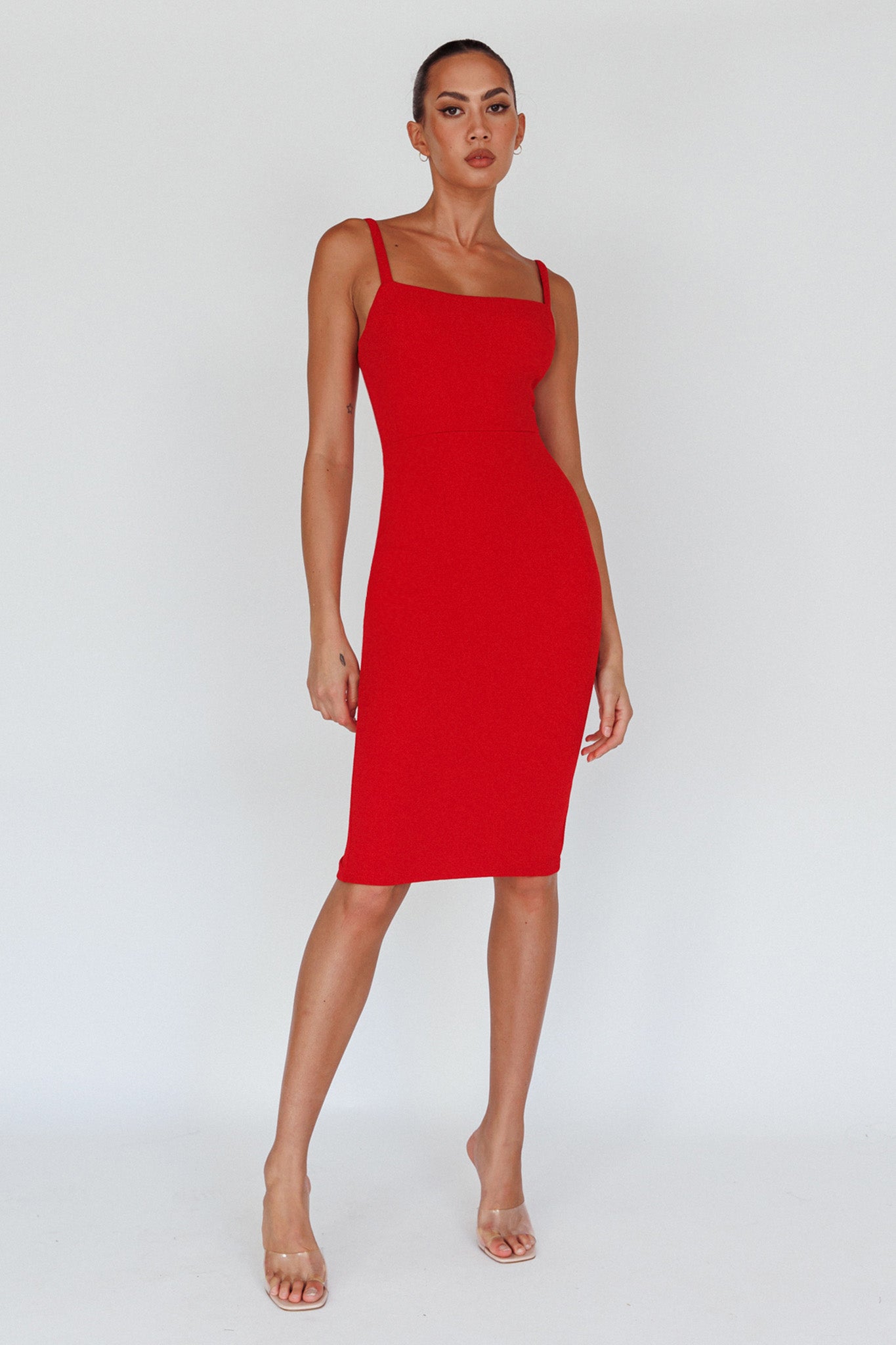 Georgia Square Neckline Midi Dress Red-Maymioy