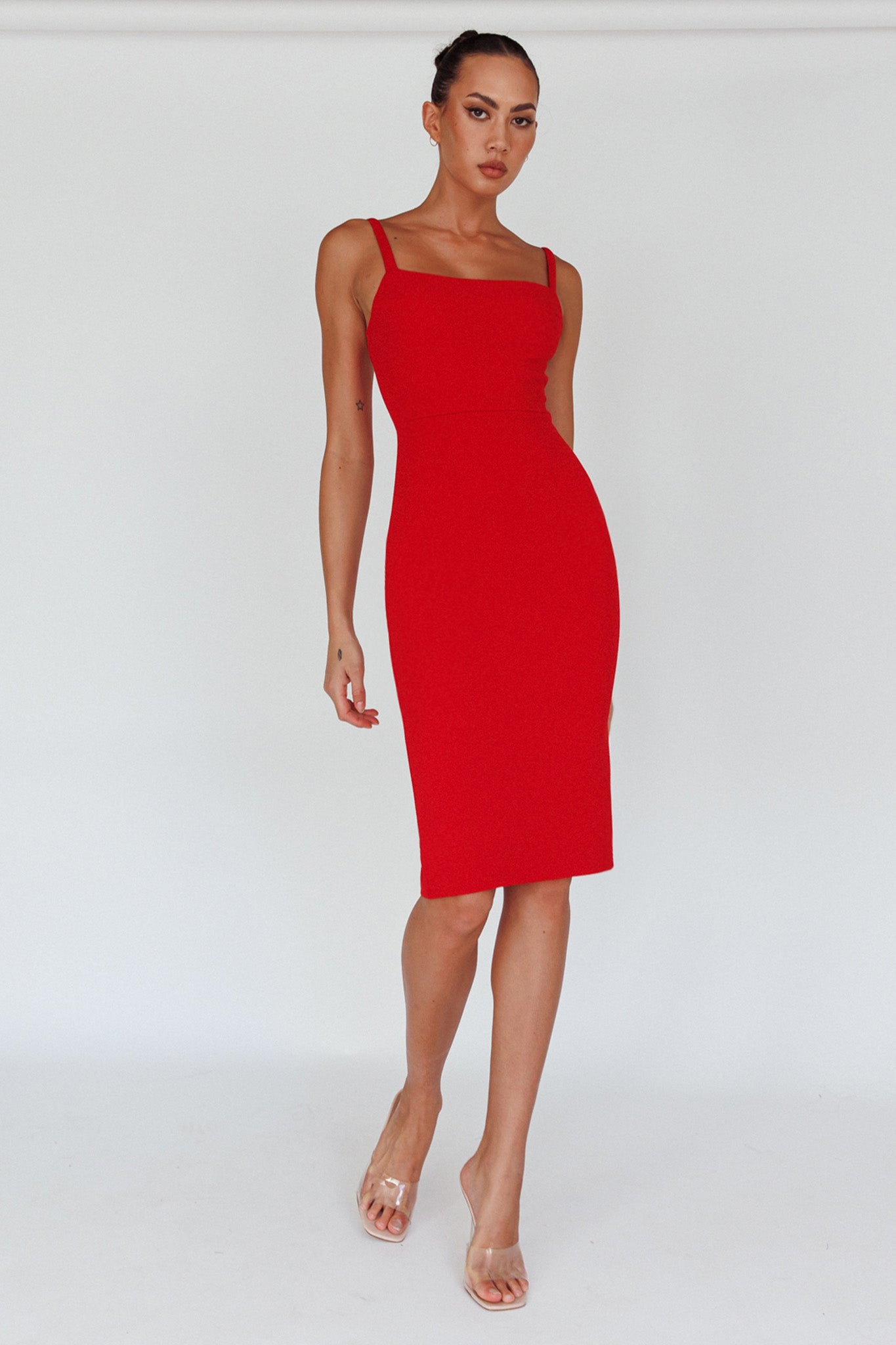 Georgia Square Neckline Midi Dress Red-Maymioy