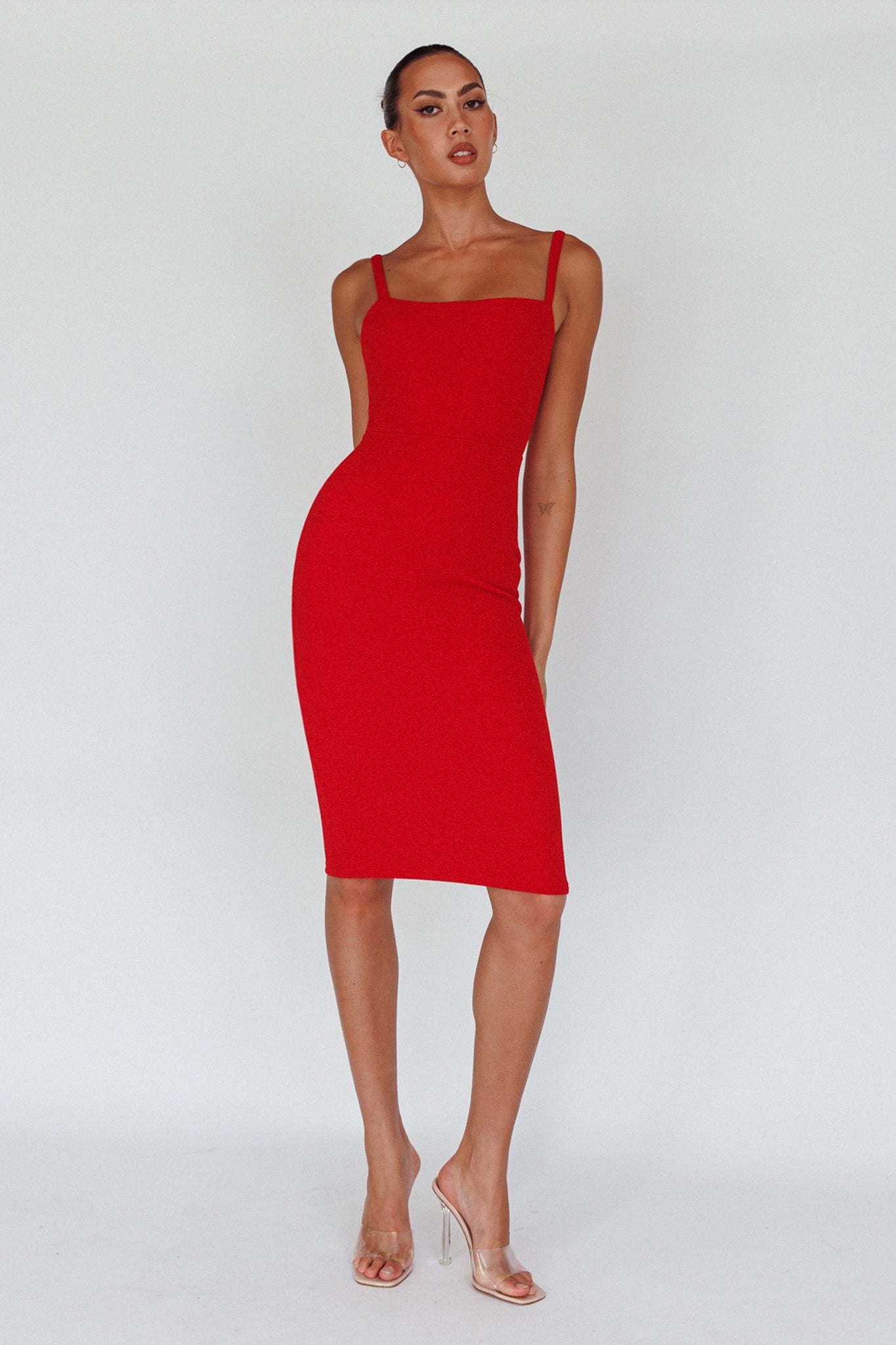 Georgia Square Neckline Midi Dress Red-Maymioy