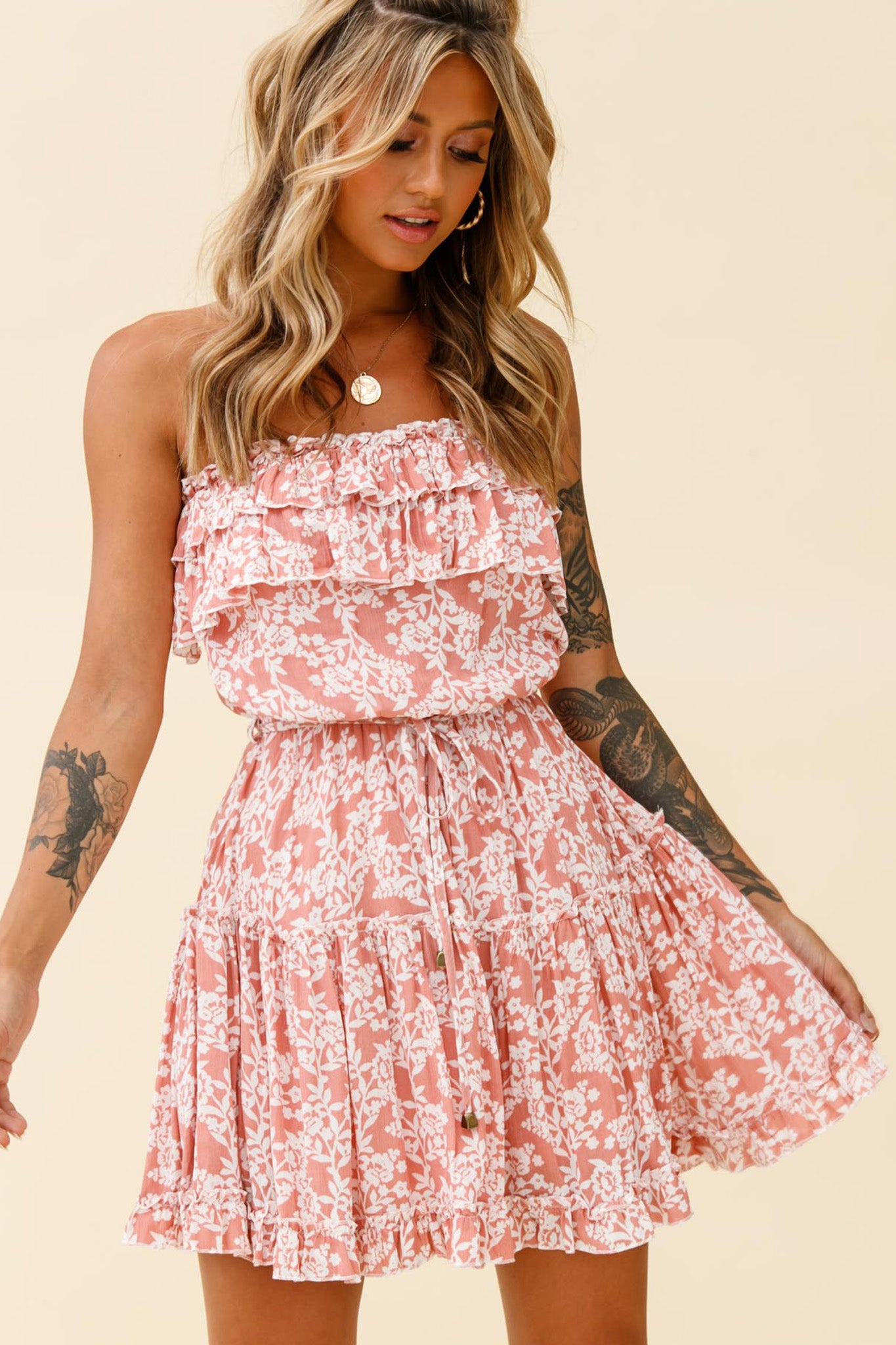 Raquel Strapless Layered Dress Floral Print Blush-Maymioy
