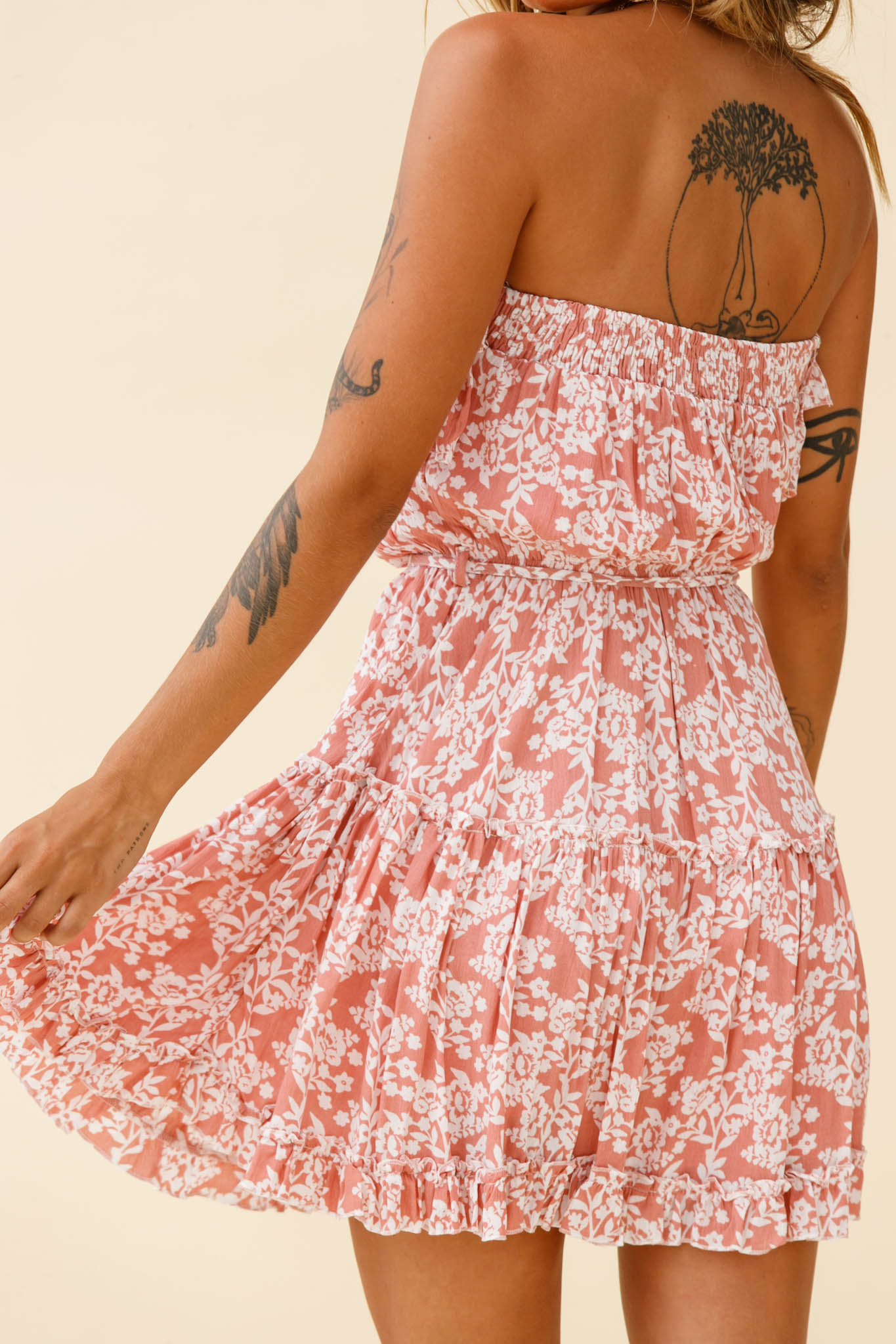 Raquel Strapless Layered Dress Floral Print Blush-Maymioy