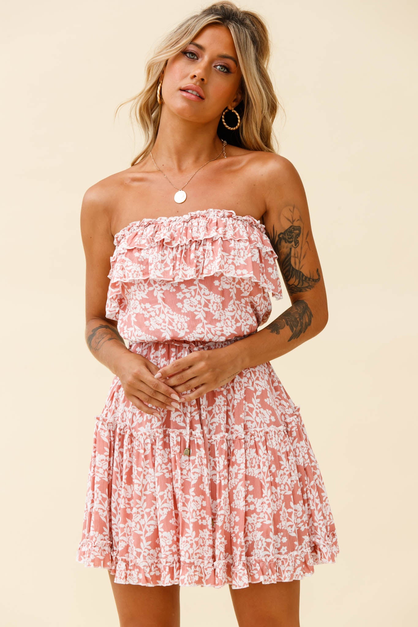Raquel Strapless Layered Dress Floral Print Blush-Maymioy