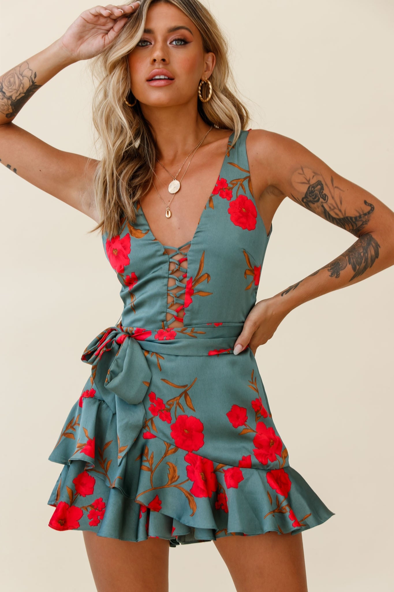Wishful Thinking Plunging Neckline Ruffle Hem Romper Floral Print Sage-Maymioy