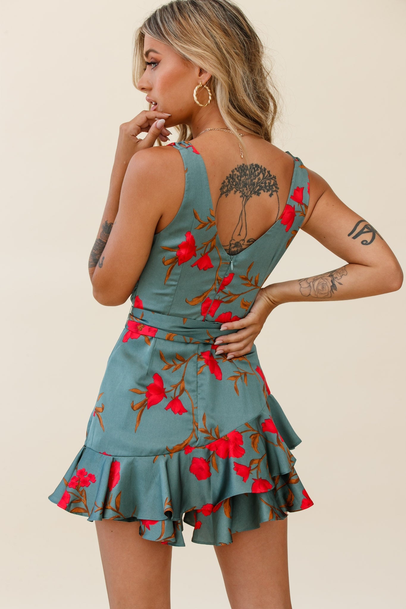 Wishful Thinking Plunging Neckline Ruffle Hem Romper Floral Print Sage-Maymioy