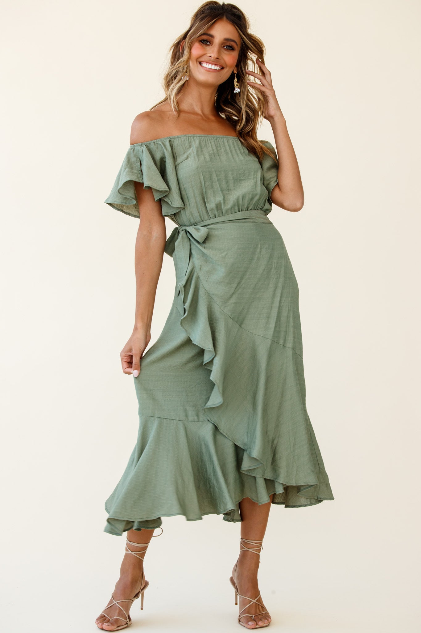 Bettina Bardot Neckline Faux-Wrap Midi Dress Olive-Maymioy