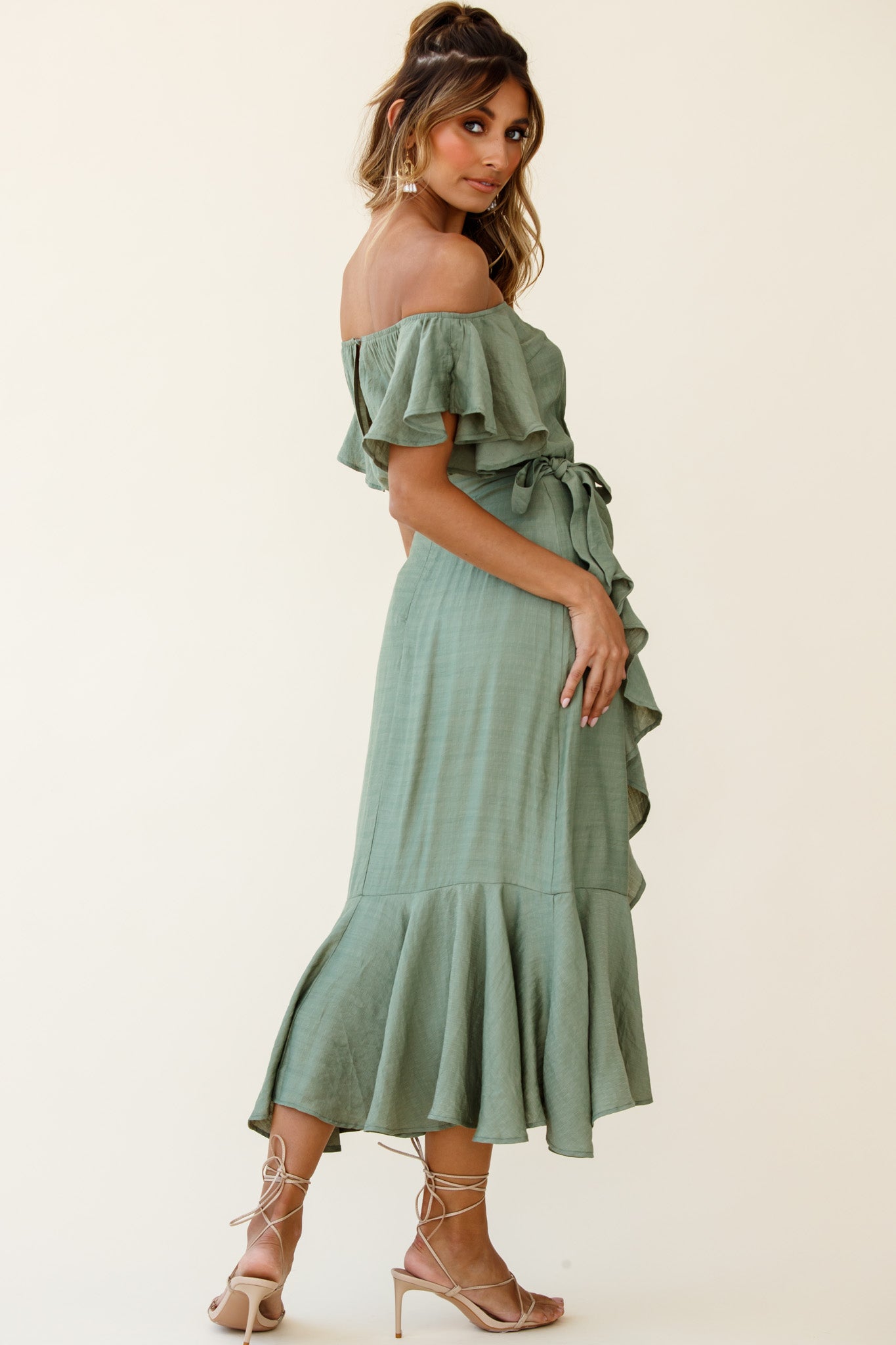 Bettina Bardot Neckline Faux-Wrap Midi Dress Olive-Maymioy
