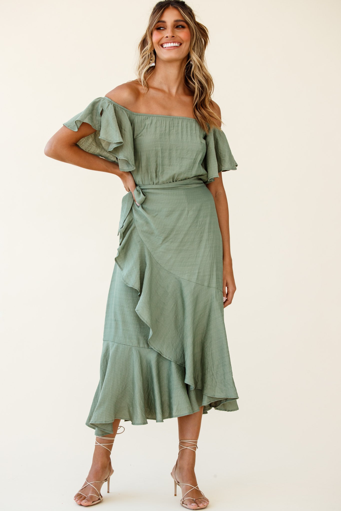 Bettina Bardot Neckline Faux-Wrap Midi Dress Olive-Maymioy