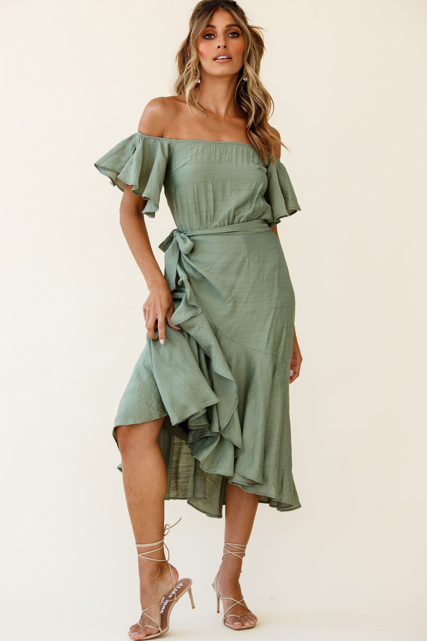 Bettina Bardot Neckline Faux-Wrap Midi Dress Olive-Maymioy