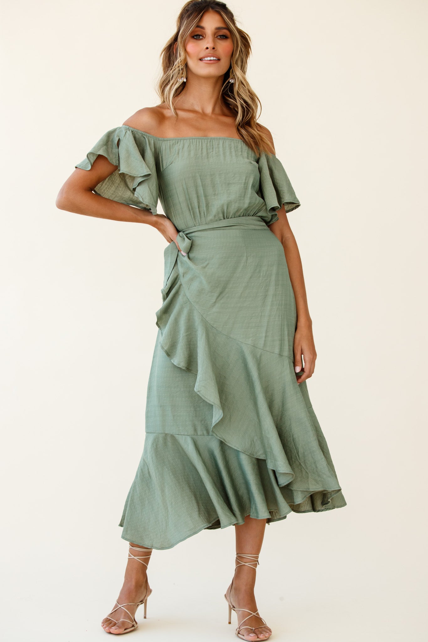 Bettina Bardot Neckline Faux-Wrap Midi Dress Olive-Maymioy