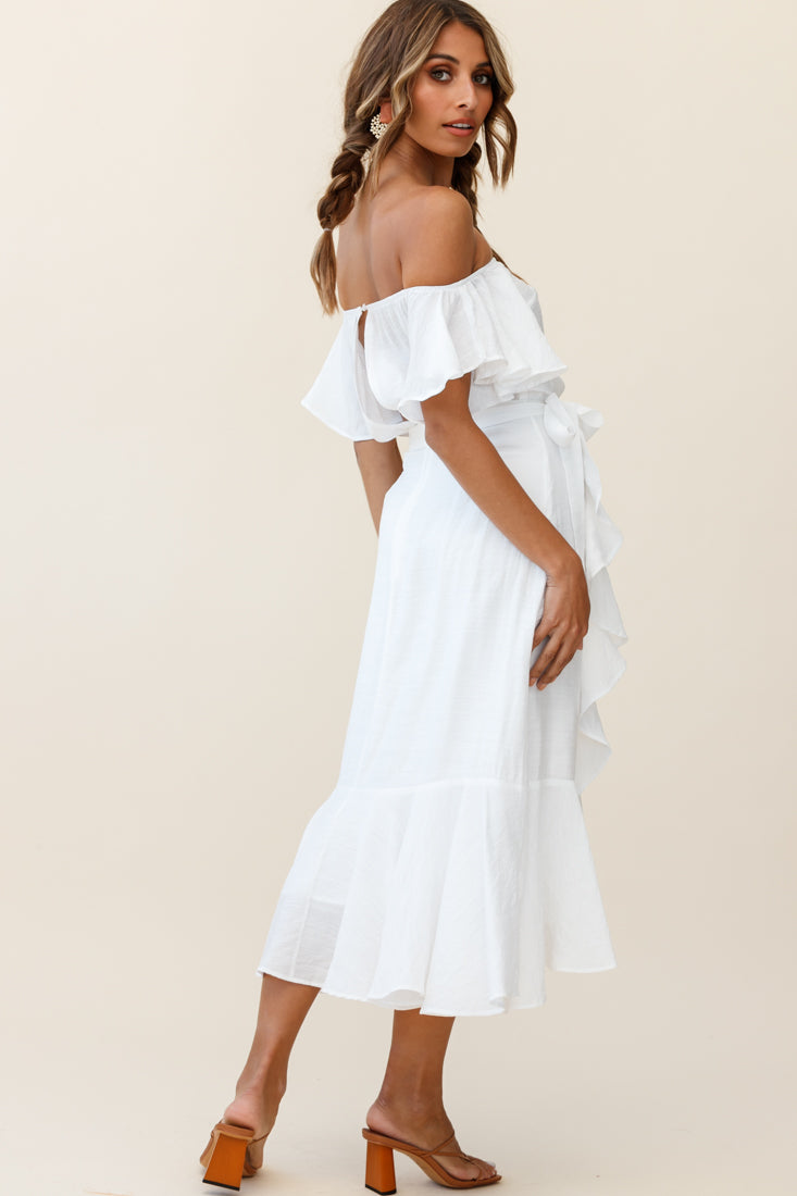 Bettina Bardot Neckline Faux-Wrap Midi Dress White-Maymioy