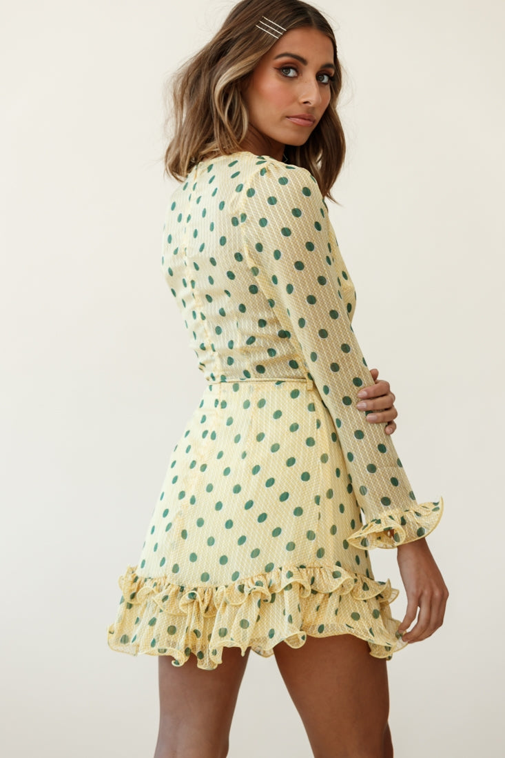 Breckin Long Sleeve Double Frill Hem Dress Polka Dot Print Mustard-Maymioy