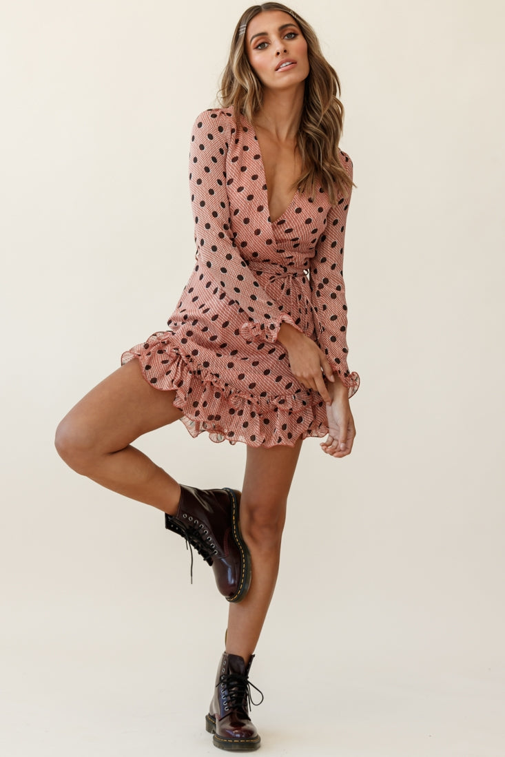 Breckin Long Sleeve Double Frill Hem Dress Polka Dot Print Rust-Maymioy