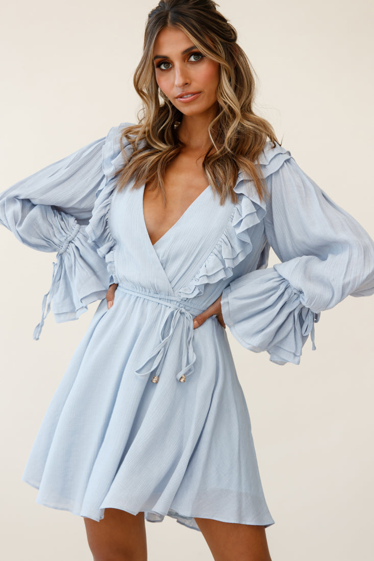 Adina Fluted Long Sleeve Frill Detail Dress Grey-Maymioy