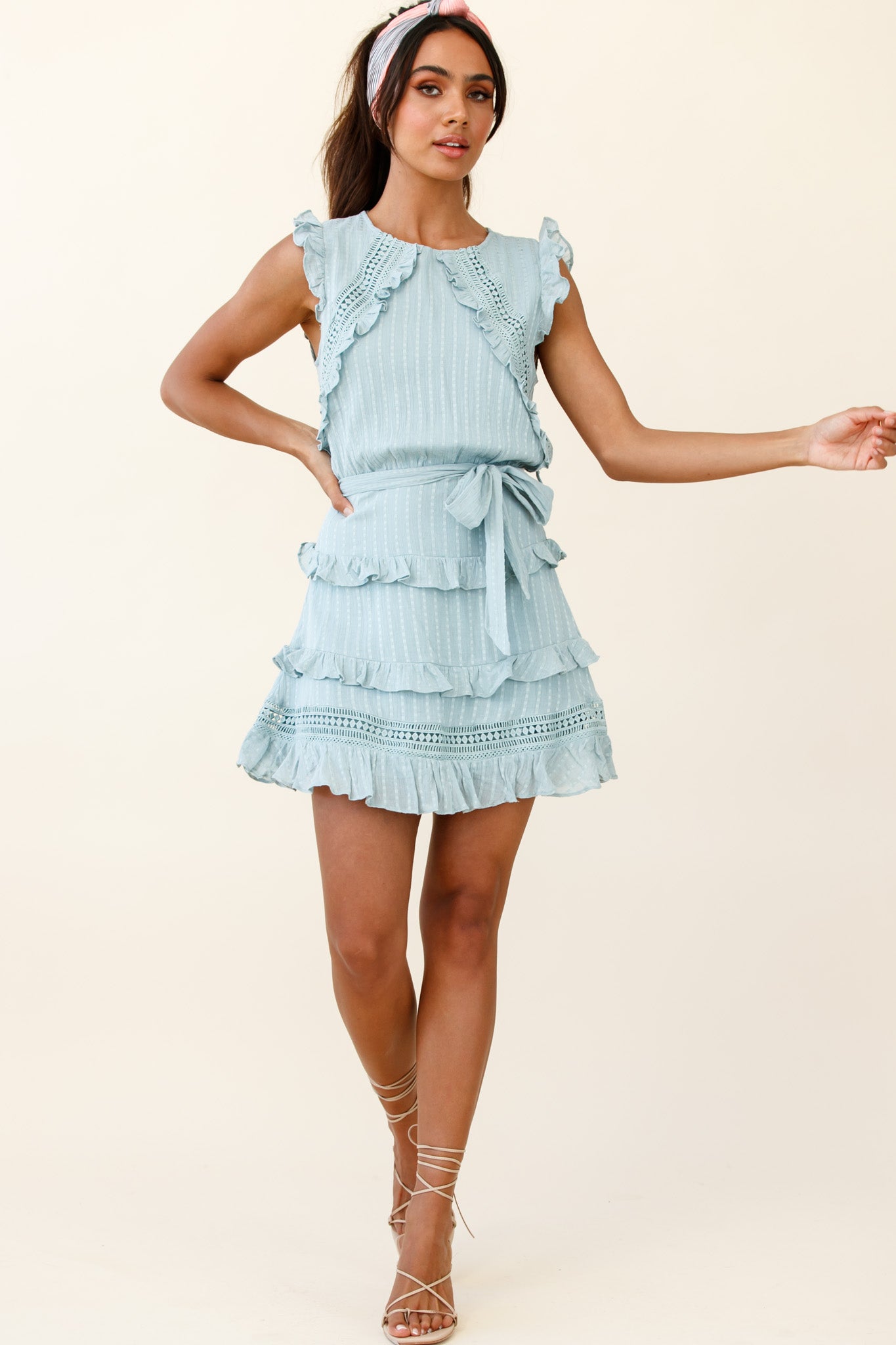 Olga Tiered Frill Detail Waist Tie Dress Sage-Maymioy