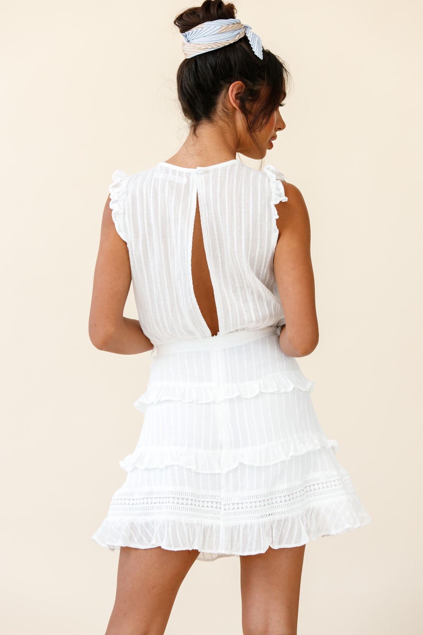 Olga Tiered Frill Detail Waist Tie Dress White-Maymioy