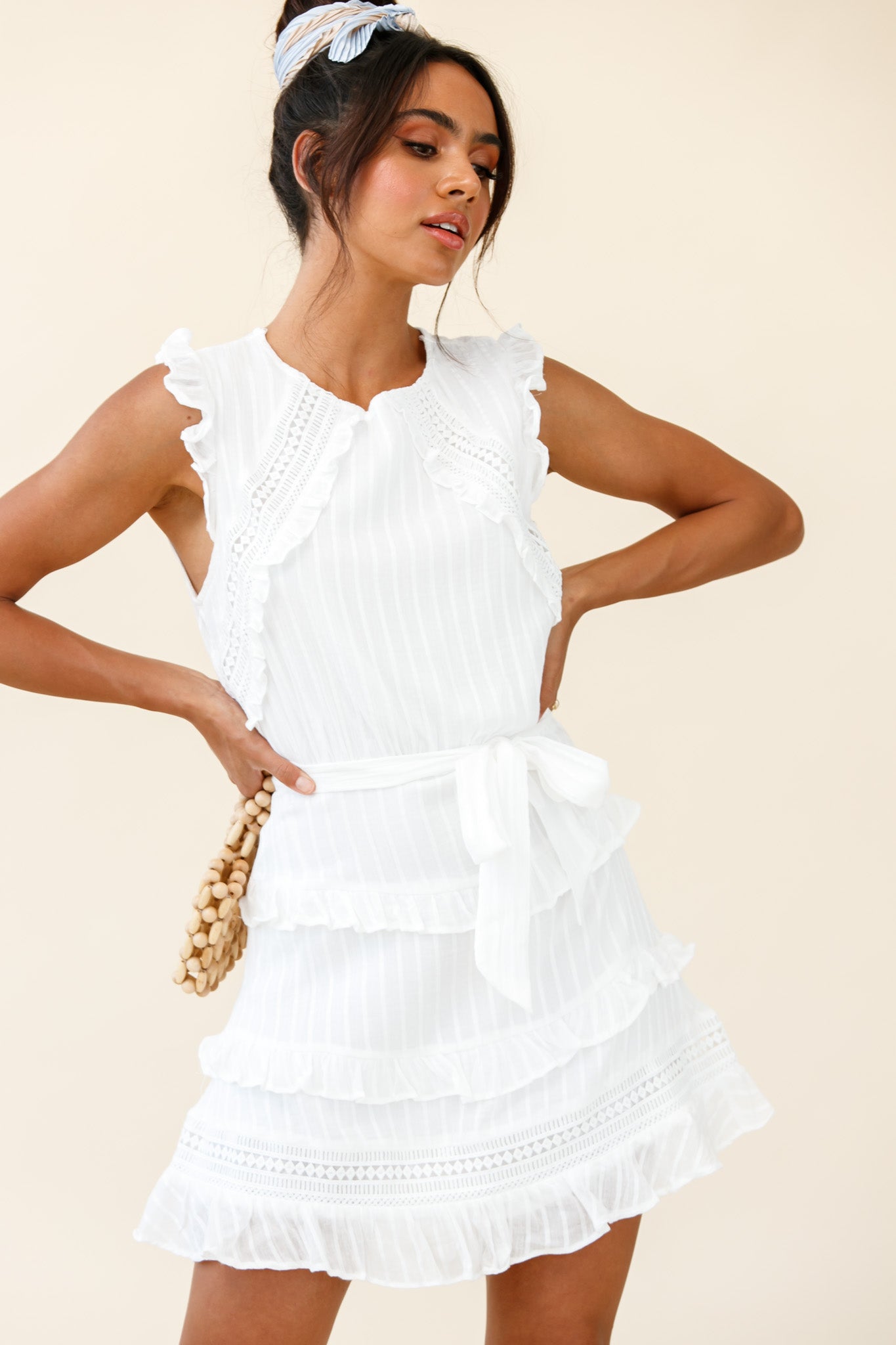 Olga Tiered Frill Detail Waist Tie Dress White-Maymioy