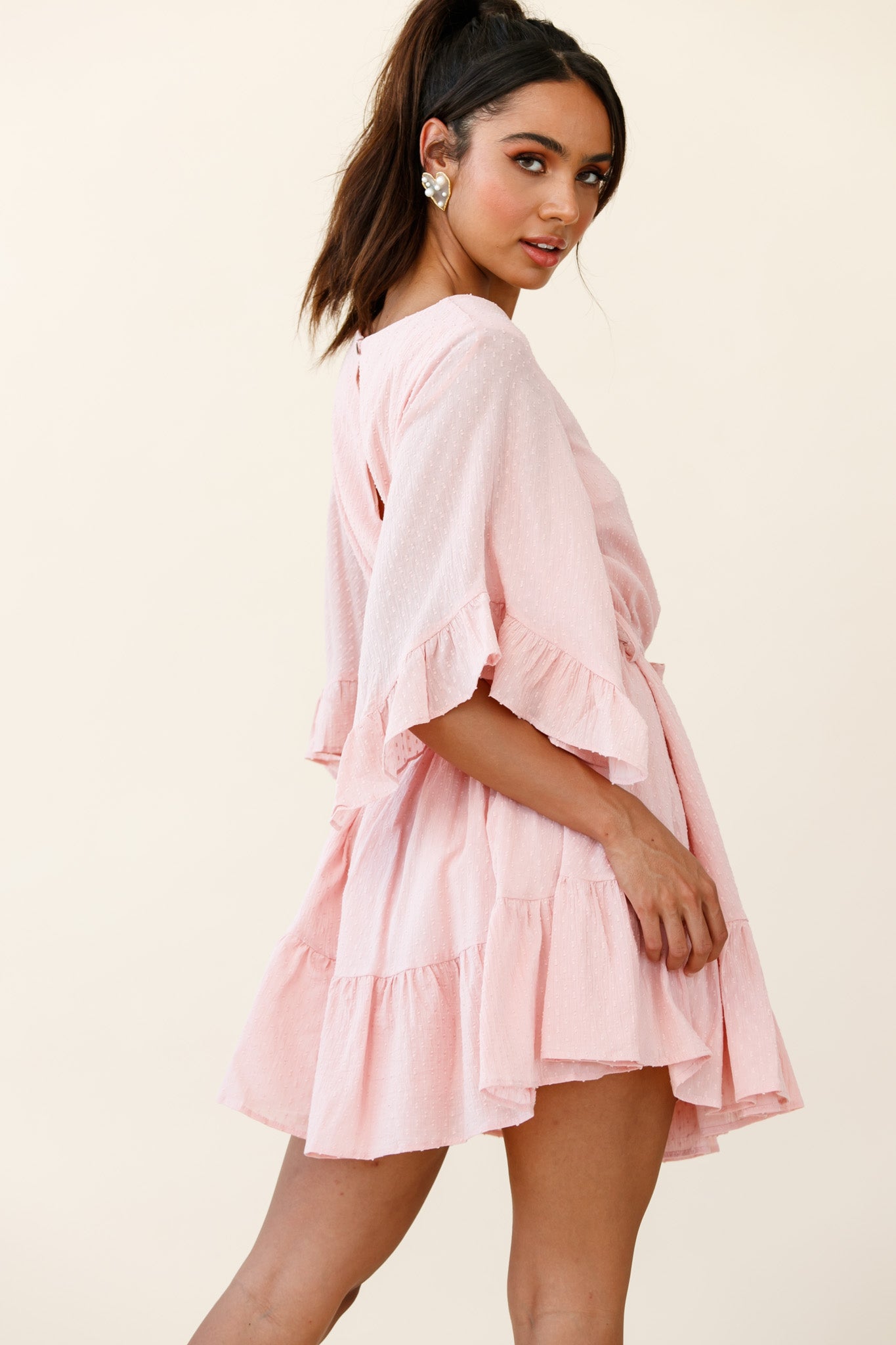 Joni Batwing Sleeve Waist Tie Dress Pink-Maymioy