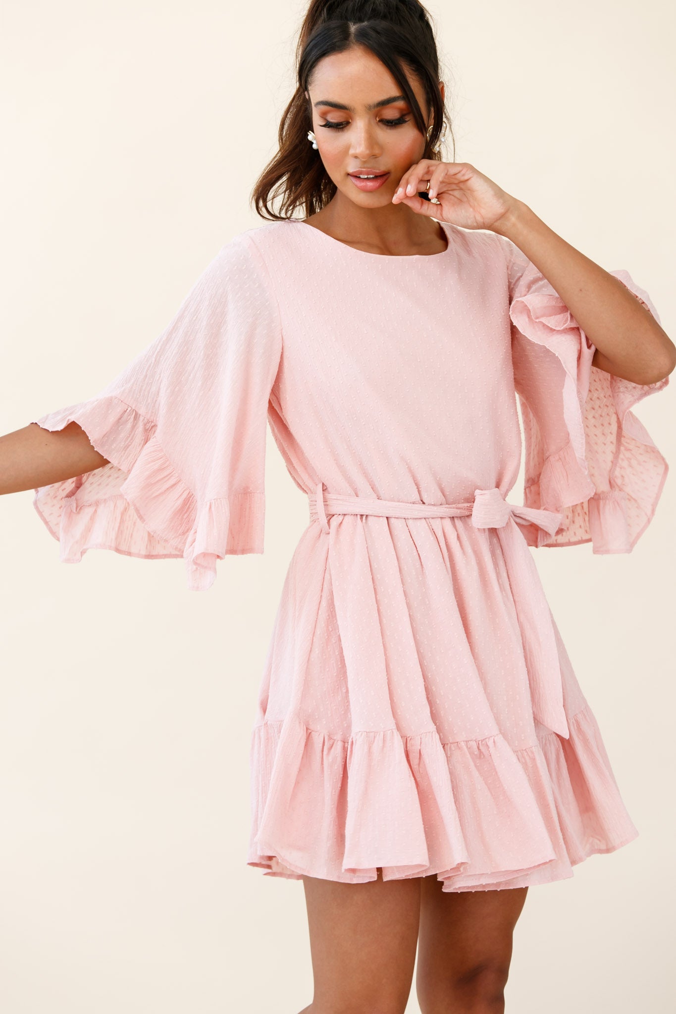 Joni Batwing Sleeve Waist Tie Dress Pink-Maymioy
