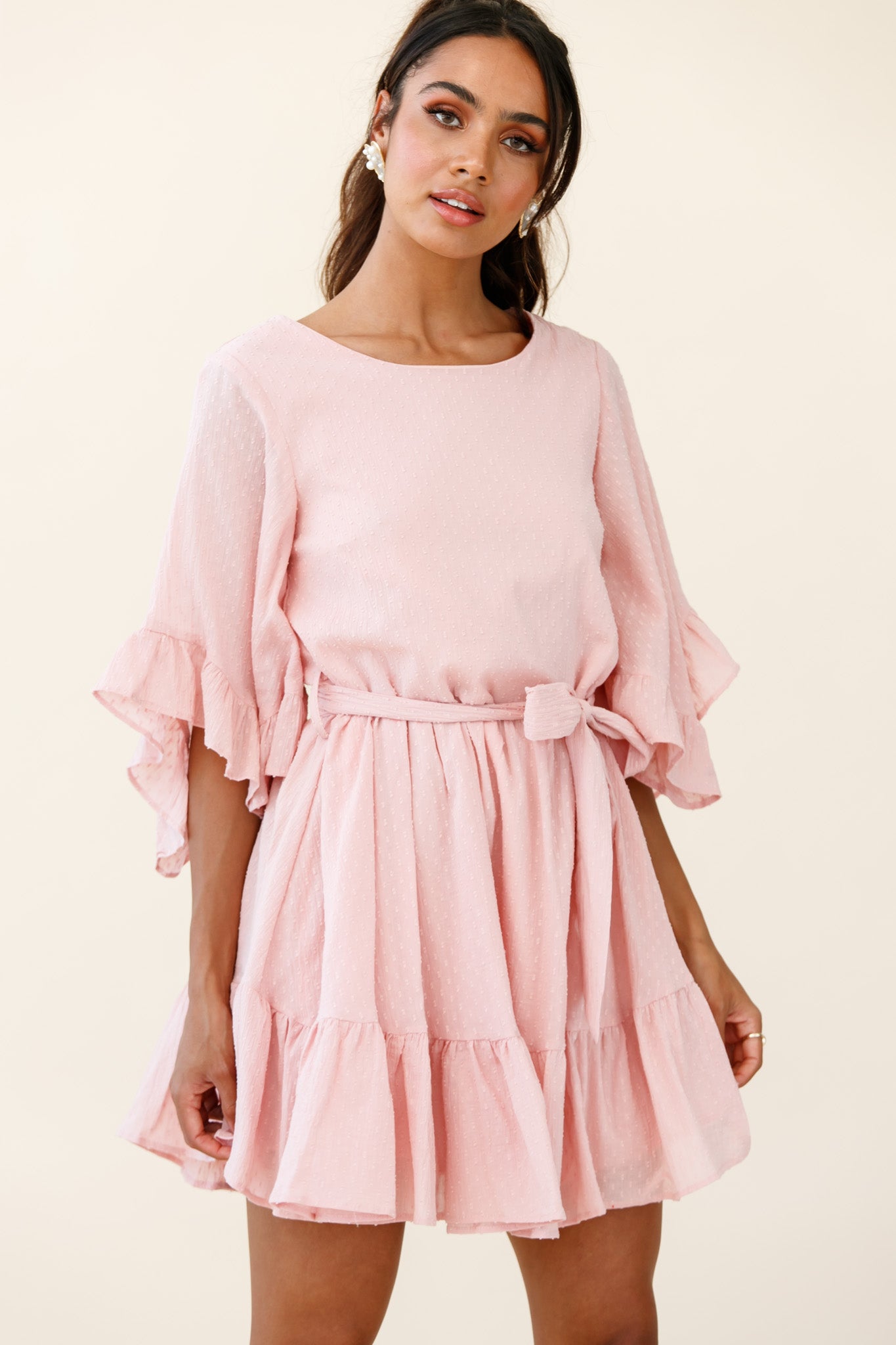 Joni Batwing Sleeve Waist Tie Dress Pink-Maymioy