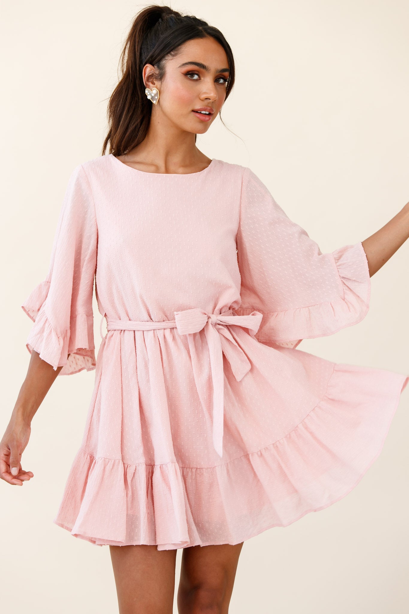 Joni Batwing Sleeve Waist Tie Dress Pink-Maymioy